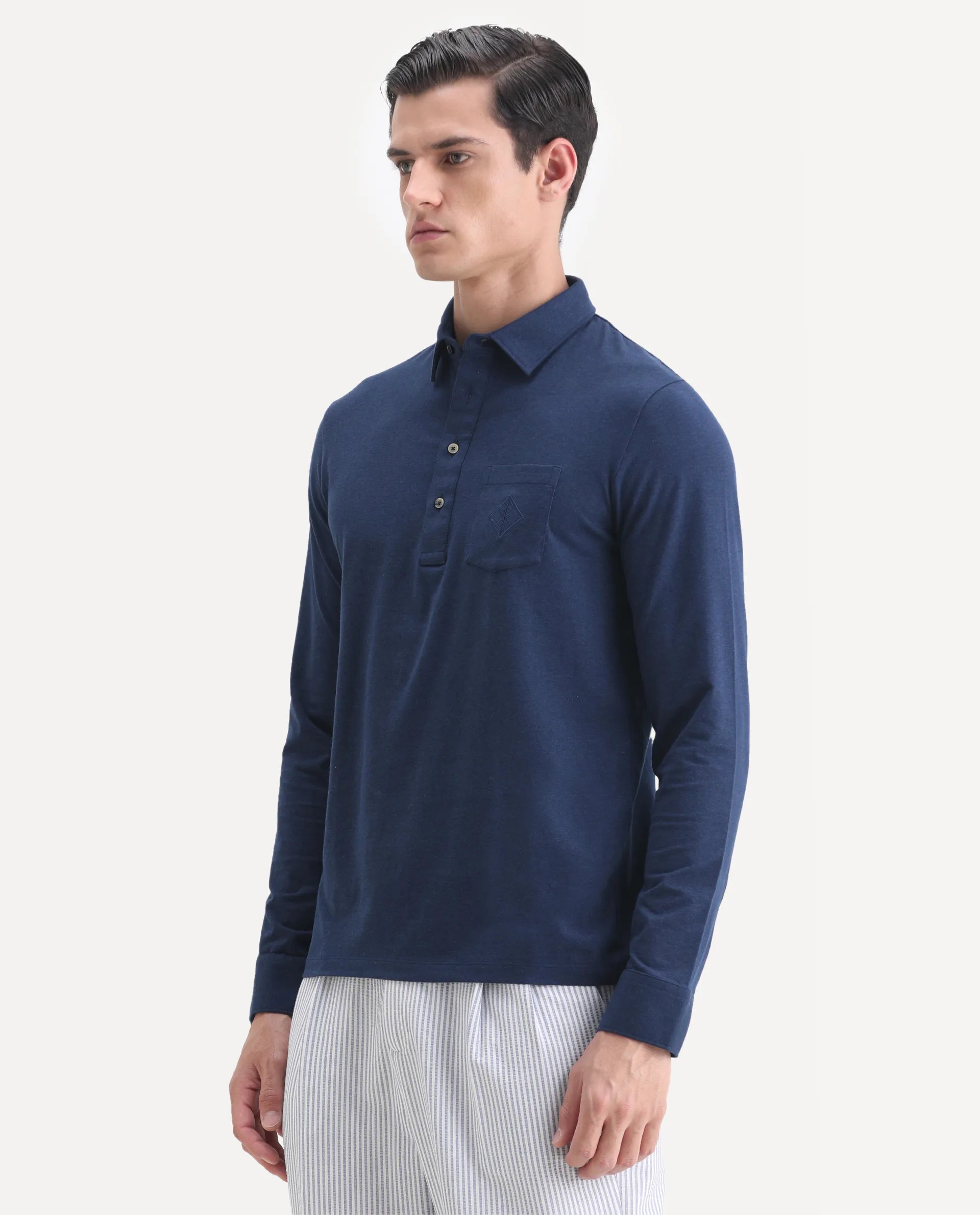 Rare Rabbit Men's Ralfet Navy Cotton Embroidered Regular Fit Full Sleeve Polo