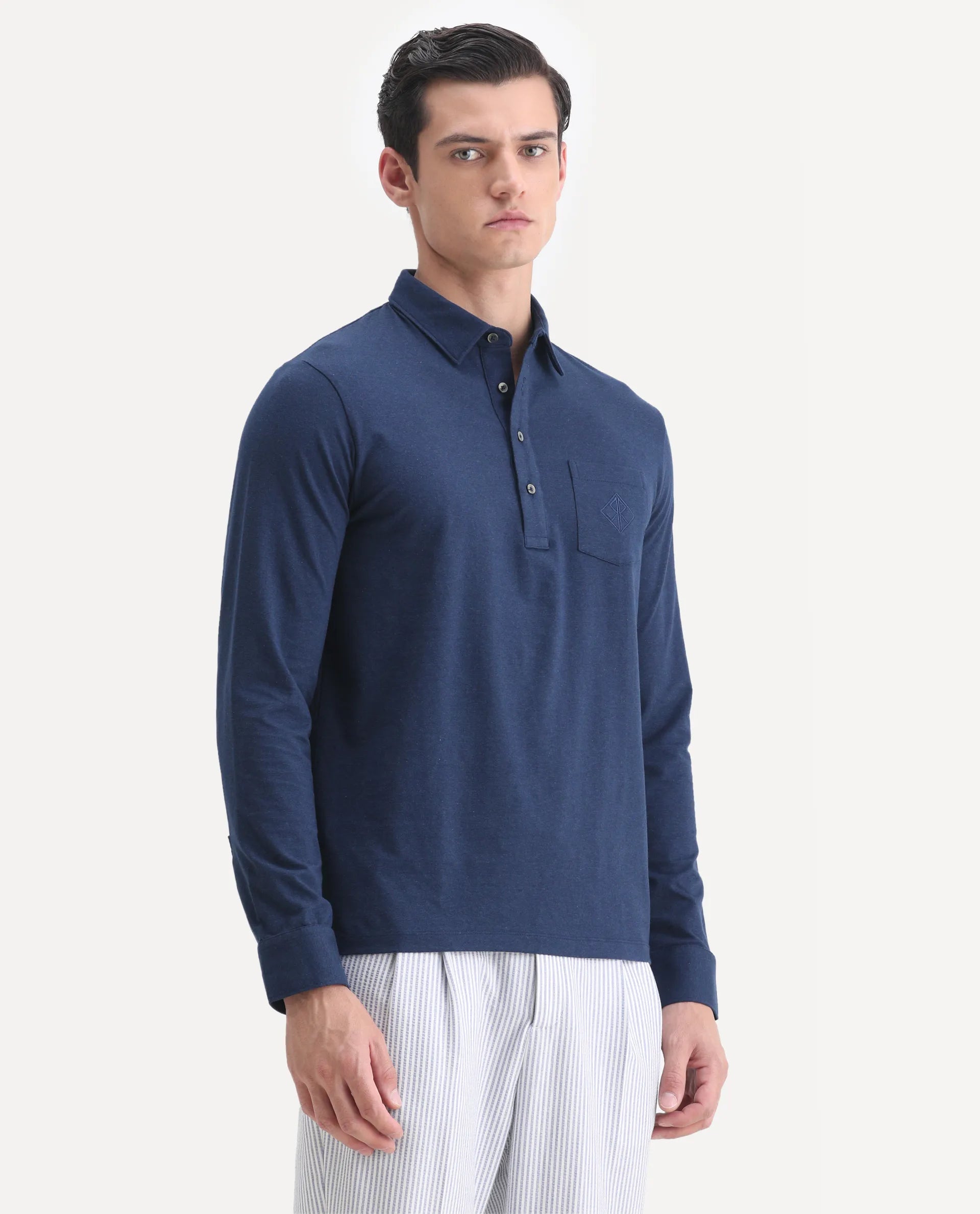 Rare Rabbit Men's Ralfet Navy Cotton Embroidered Regular Fit Full Sleeve Polo