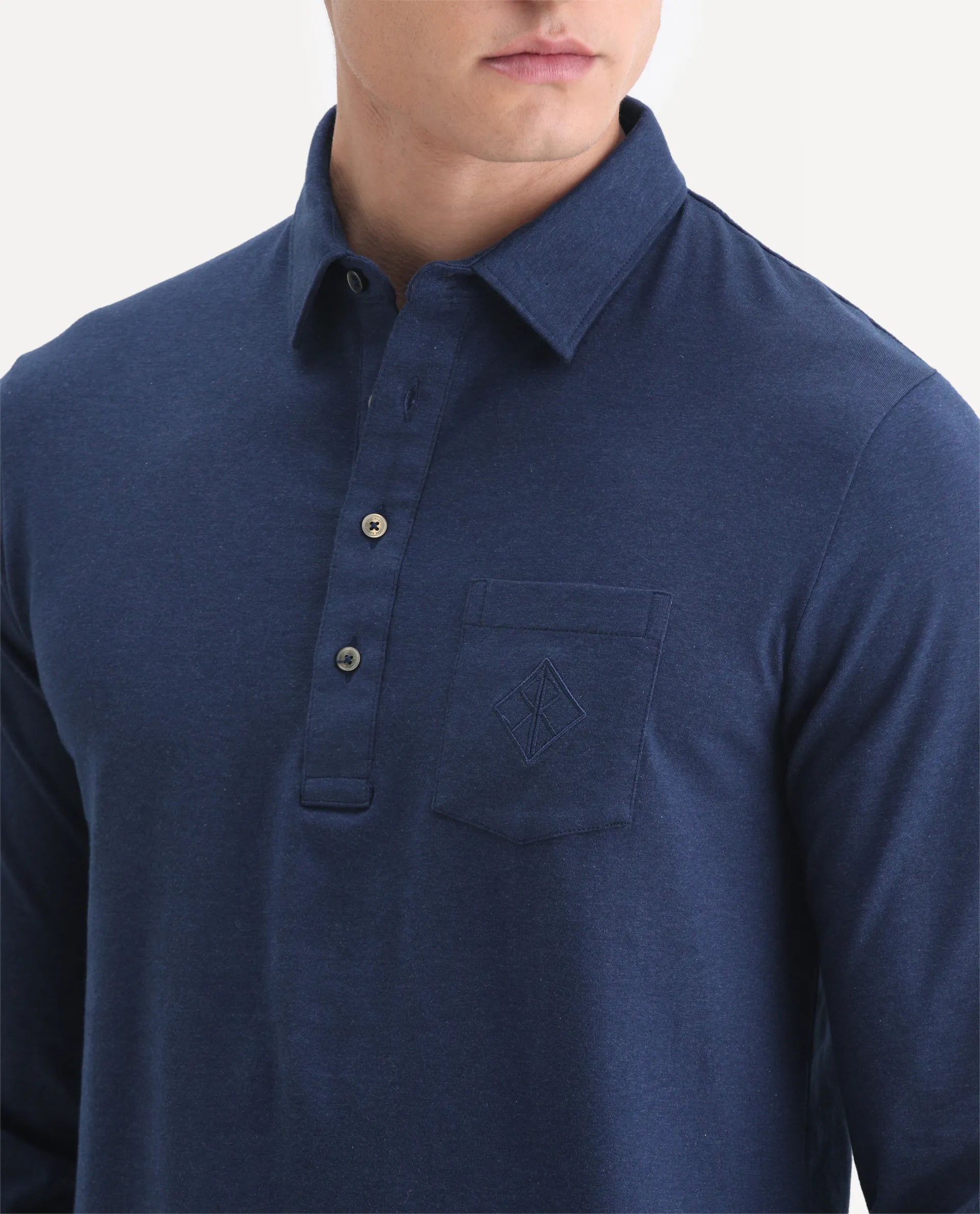 Rare Rabbit Men's Ralfet Navy Cotton Embroidered Regular Fit Full Sleeve Polo