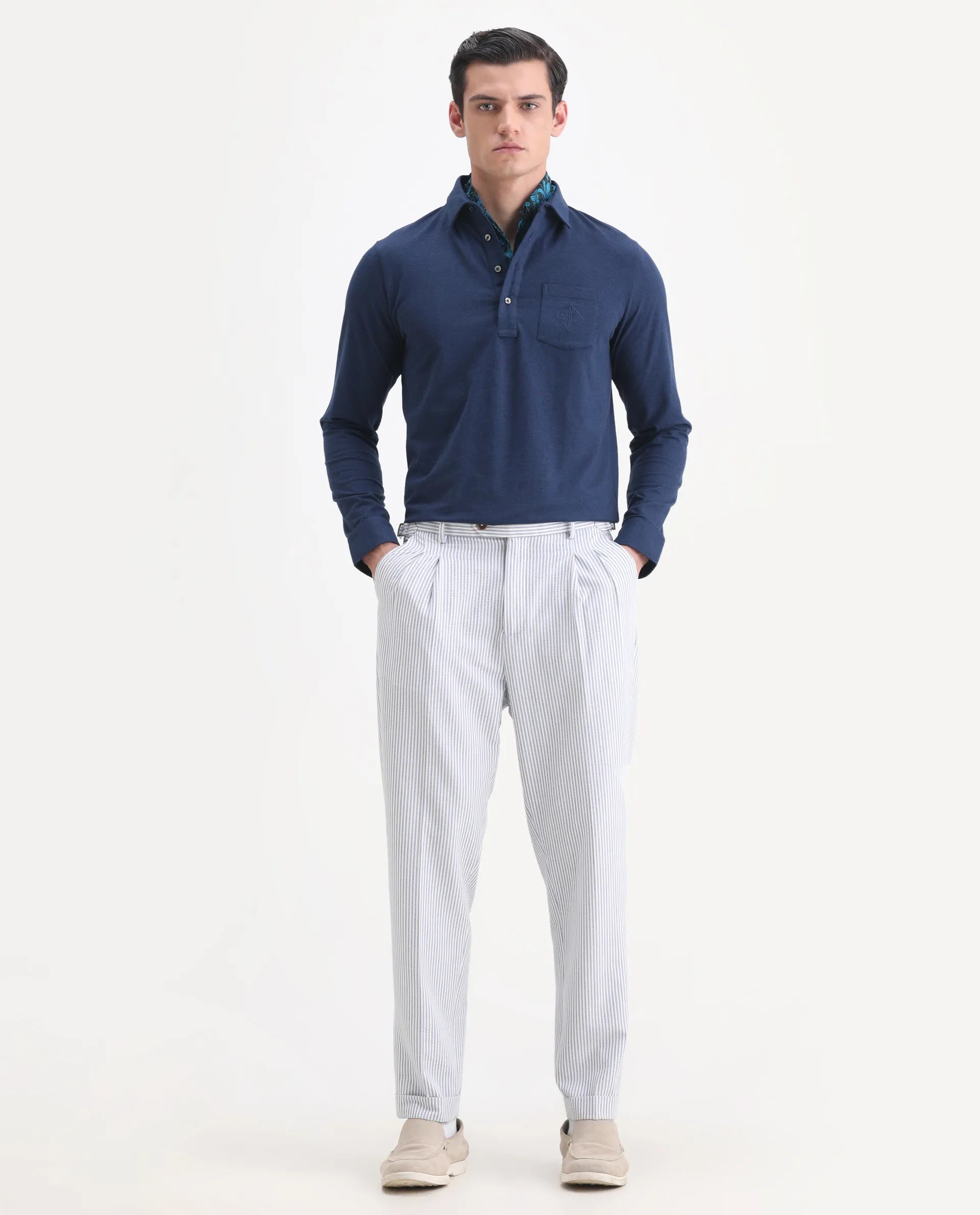 Rare Rabbit Men's Ralfet Navy Cotton Embroidered Regular Fit Full Sleeve Polo