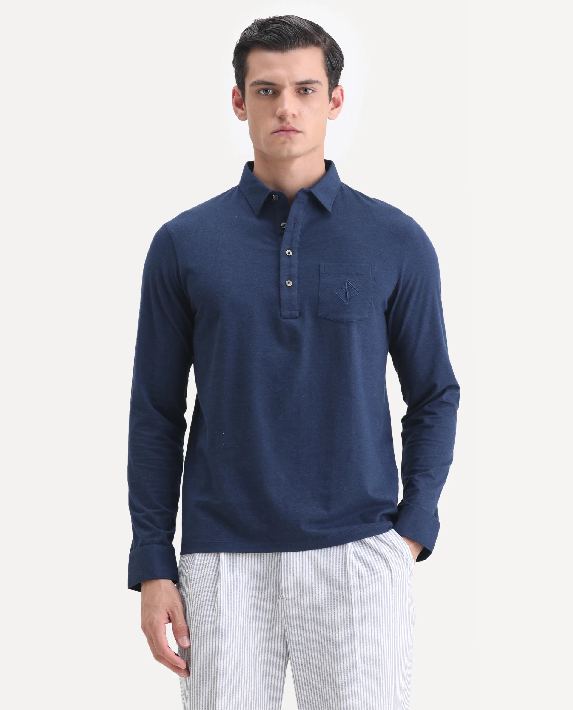 Rare Rabbit Men's Ralfet Navy Cotton Embroidered Regular Fit Full Sleeve Polo