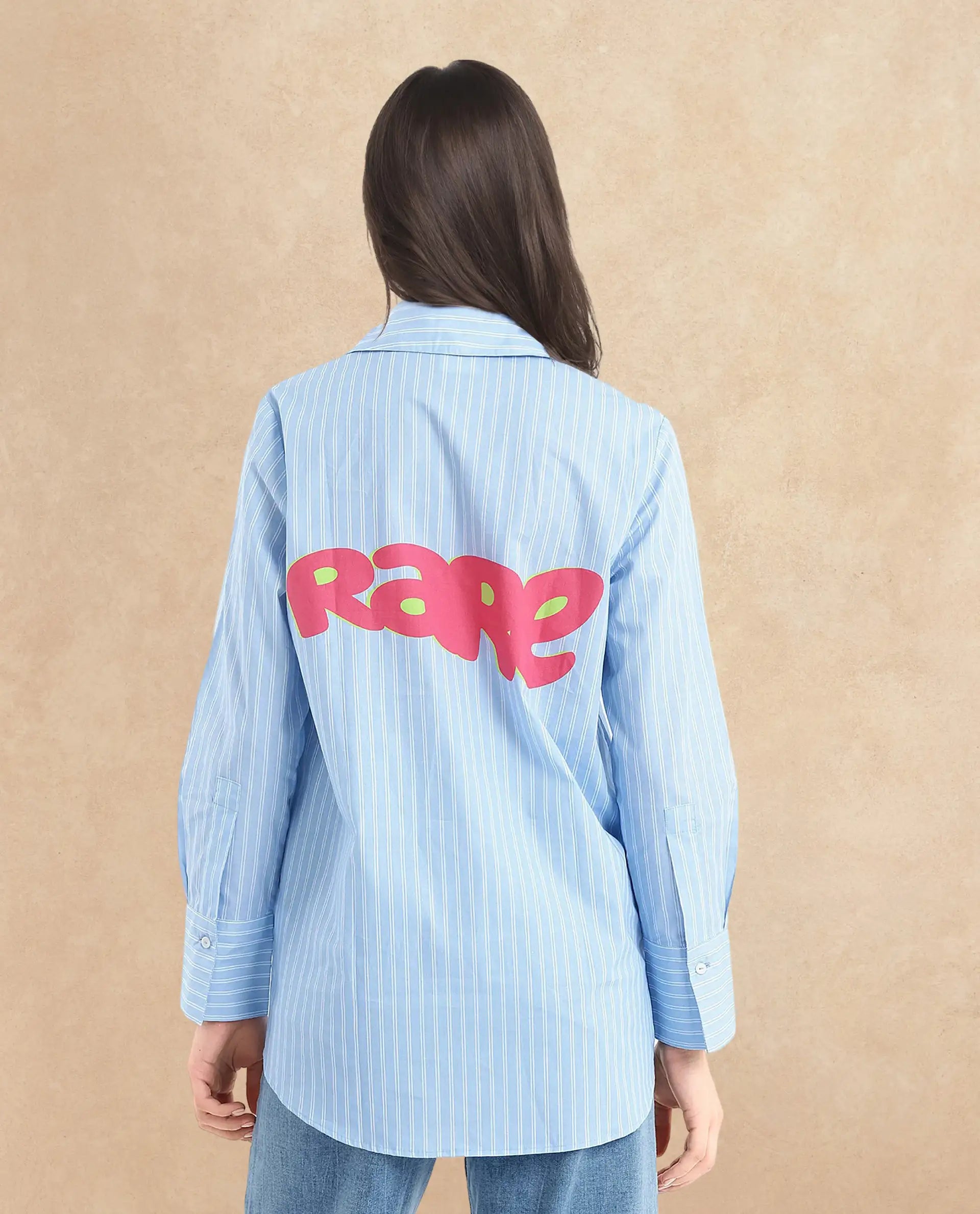 Rareism Women Rambla Blue Collared Neck Button Closure Relaxed Fit Abstract Print Top