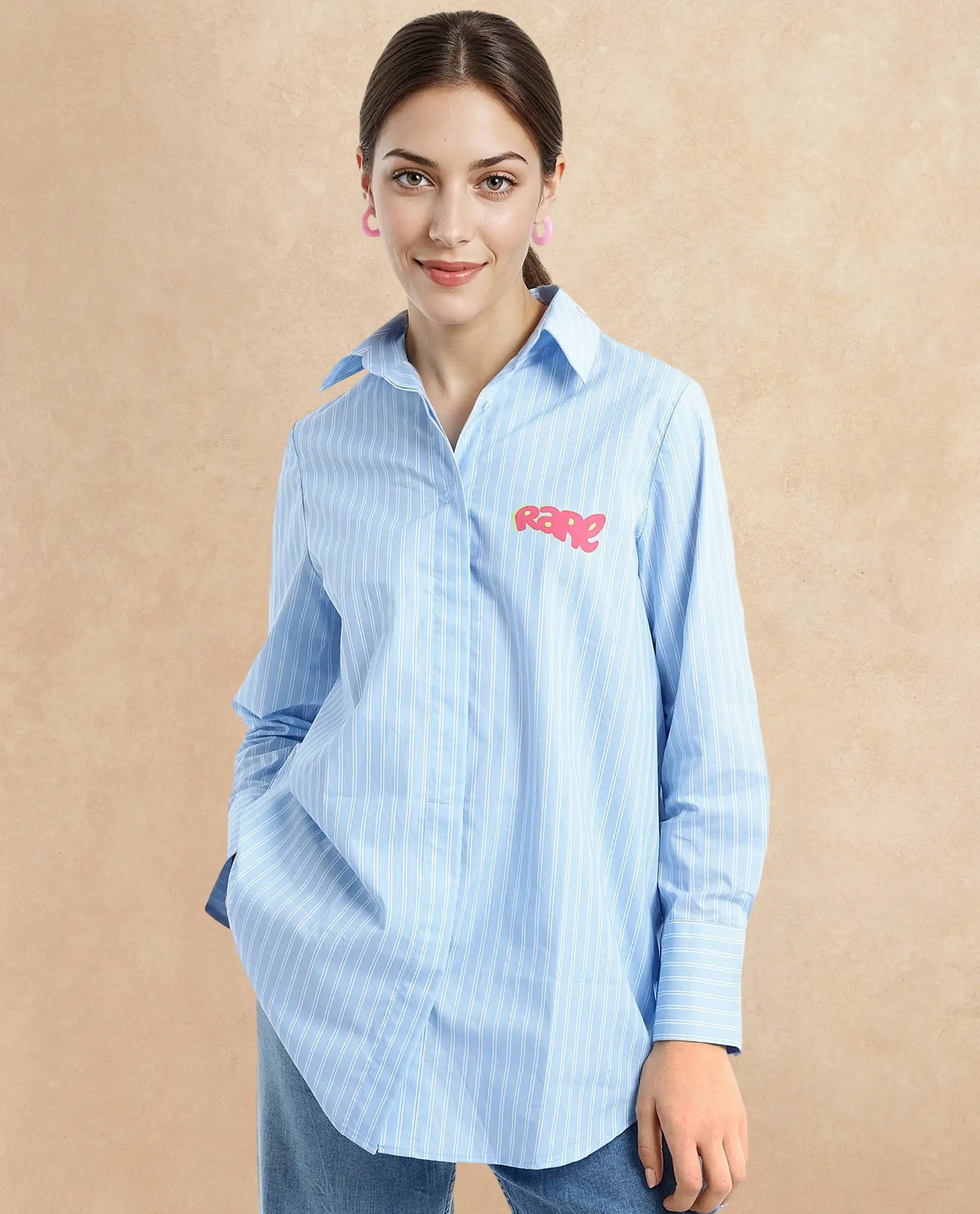 Rareism Women Rambla Blue Collared Neck Button Closure Relaxed Fit Abstract Print Top