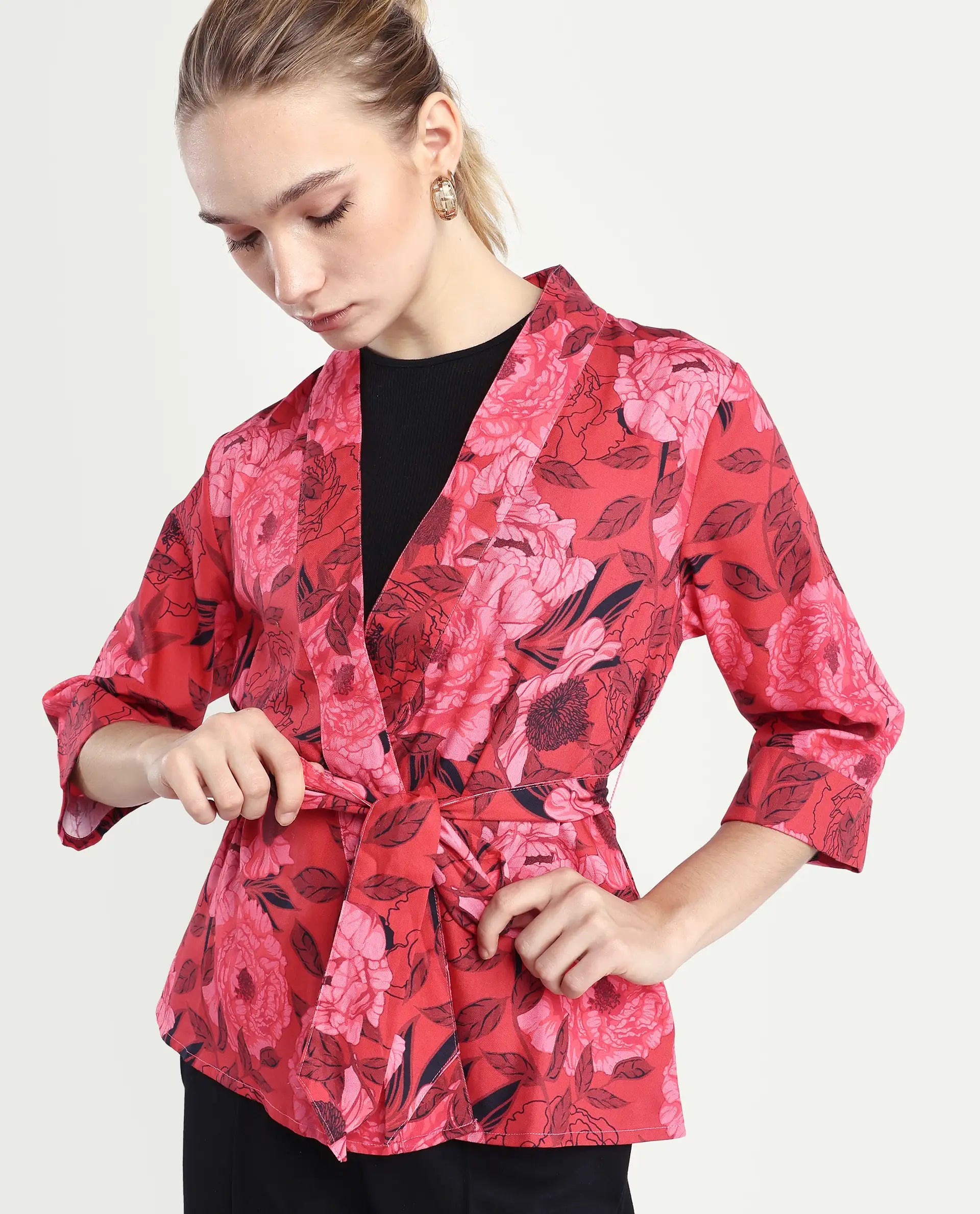 Rareism Women's Ramo Red Cotton Blend Overlap Neck Floral Print Regular Fit Top