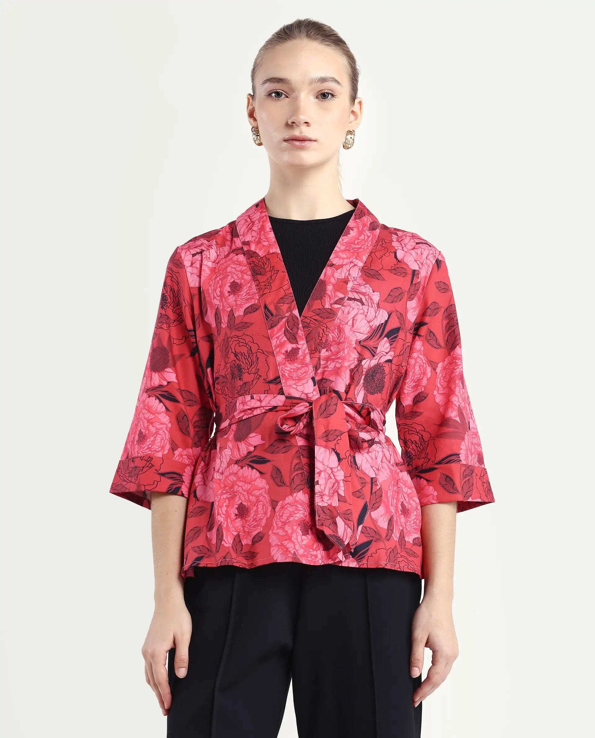 Rareism Women's Ramo Red Cotton Blend Overlap Neck Floral Print Regular Fit Top