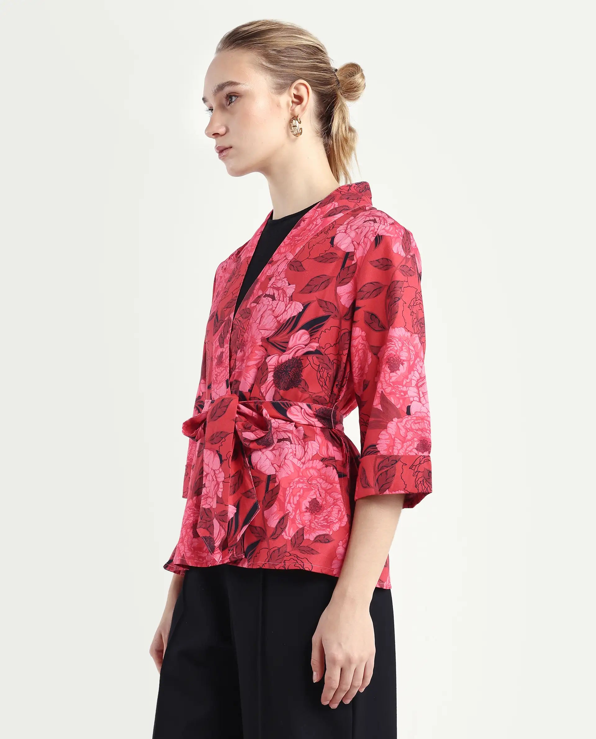 Rareism Women's Ramo Red Cotton Blend Overlap Neck Floral Print Regular Fit Top