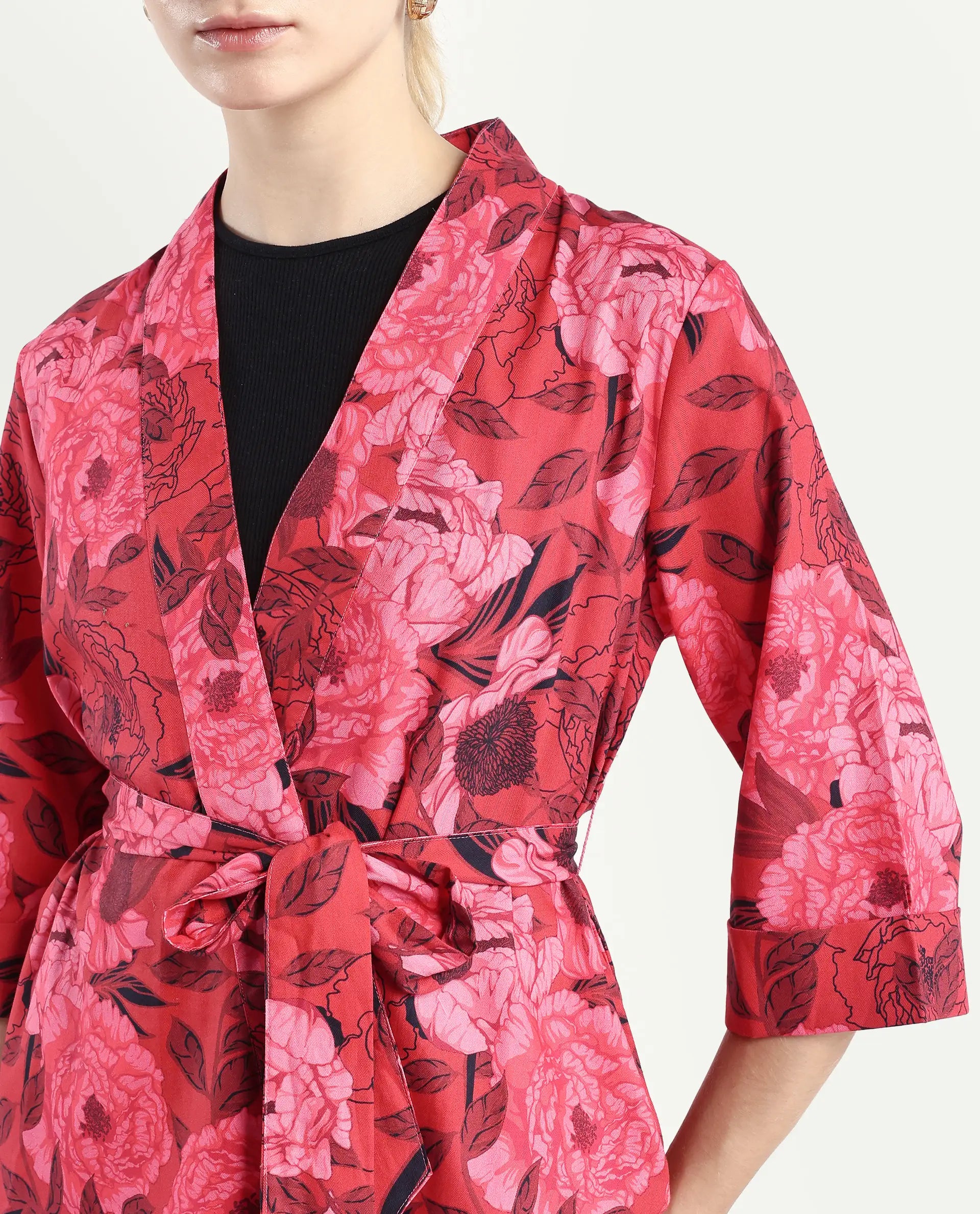 Rareism Women's Ramo Red Cotton Blend Overlap Neck Floral Print Regular Fit Top