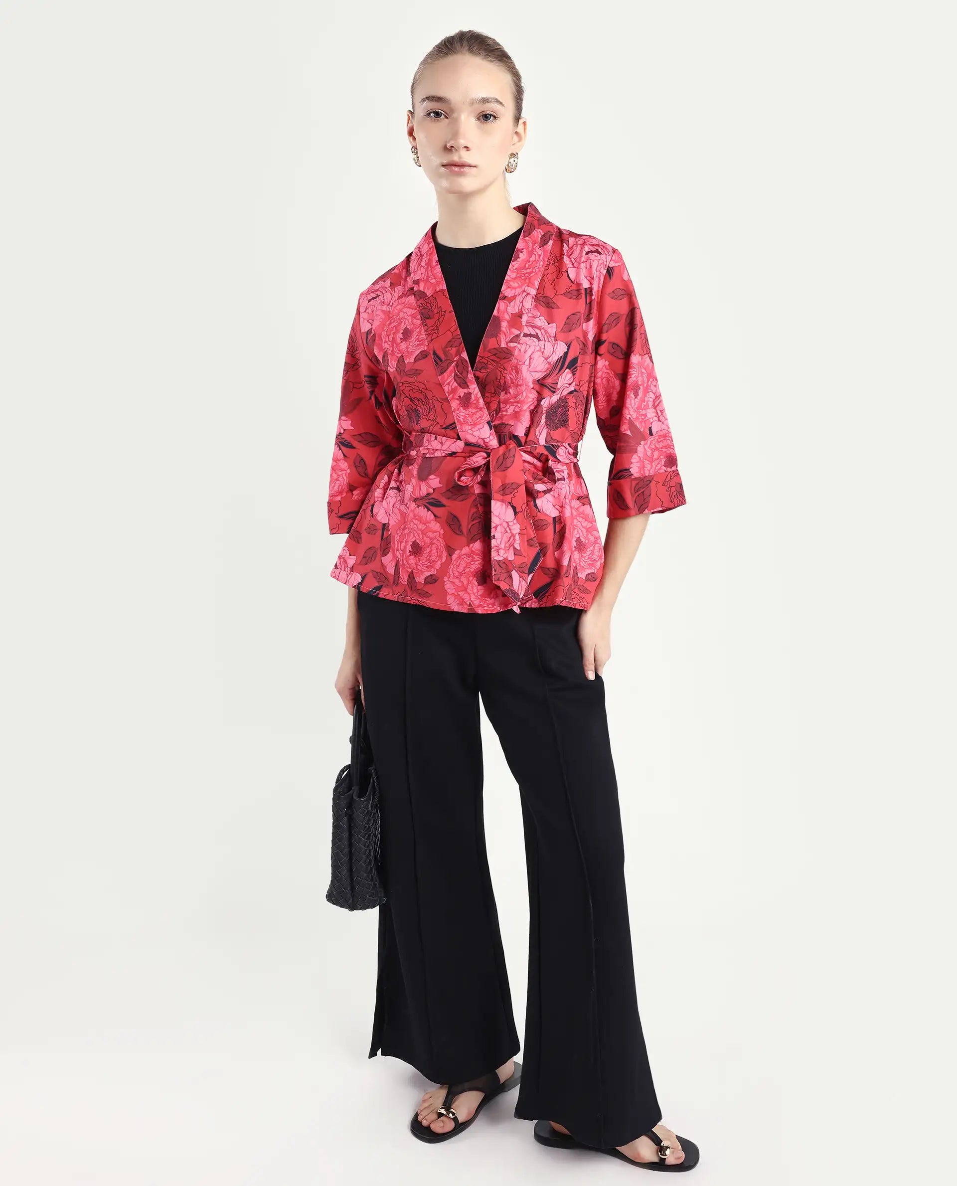 Rareism Women's Ramo Red Cotton Blend Overlap Neck Floral Print Regular Fit Top