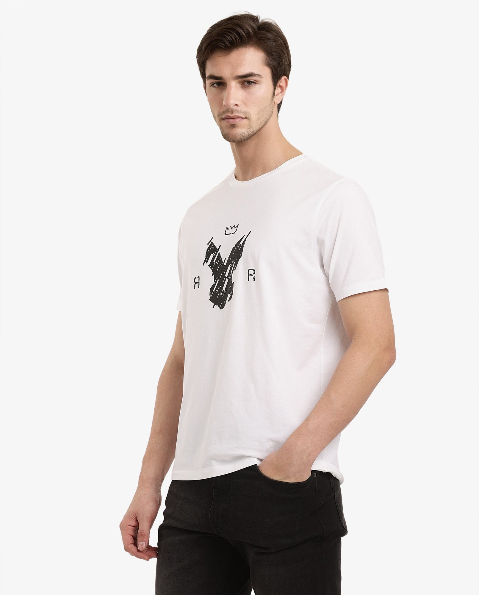 Rare Rabbit Men Ranato White Cotton Lycra Fabric Short Sleeve Crew Neck Regular Fit Logo Graphic Print T-Shirt