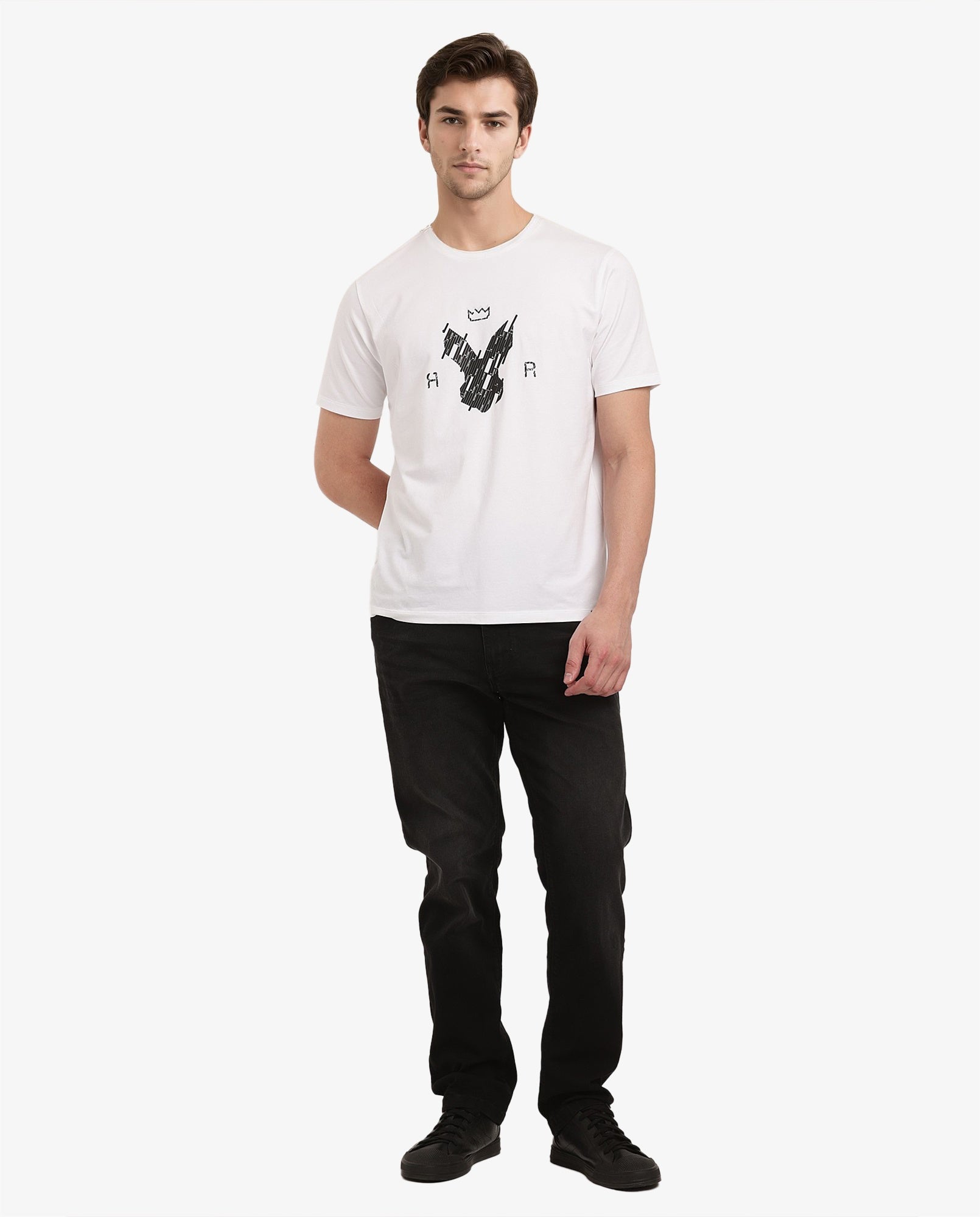 Rare Rabbit Men Ranato White Cotton Lycra Fabric Short Sleeve Crew Neck Regular Fit Logo Graphic Print T-Shirt