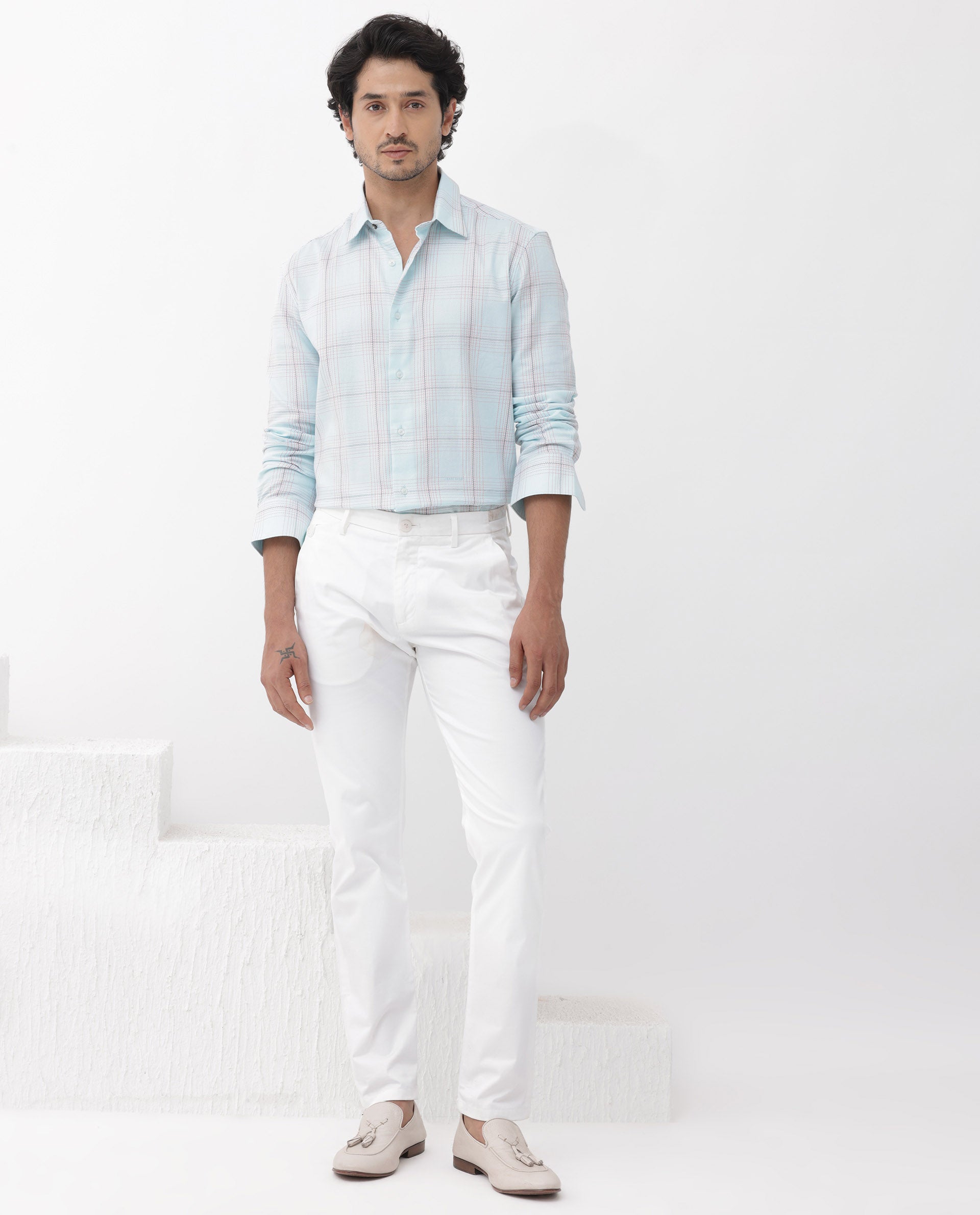 Rare Rabbit Mens Raul Light Blue Cotton Fabric Full Sleeves Checks Shirt