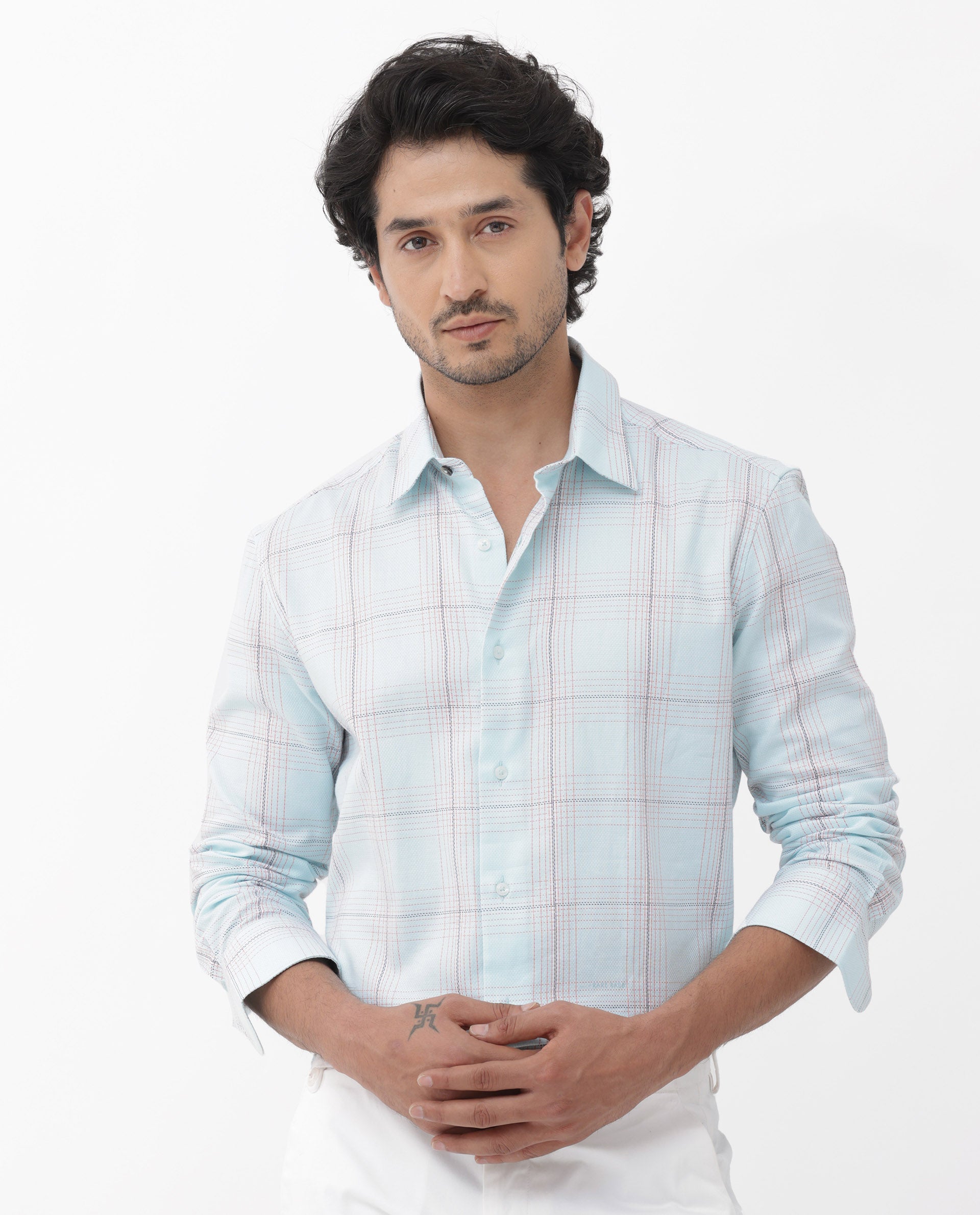 Rare Rabbit Mens Raul Light Blue Cotton Fabric Full Sleeves Checks Shirt