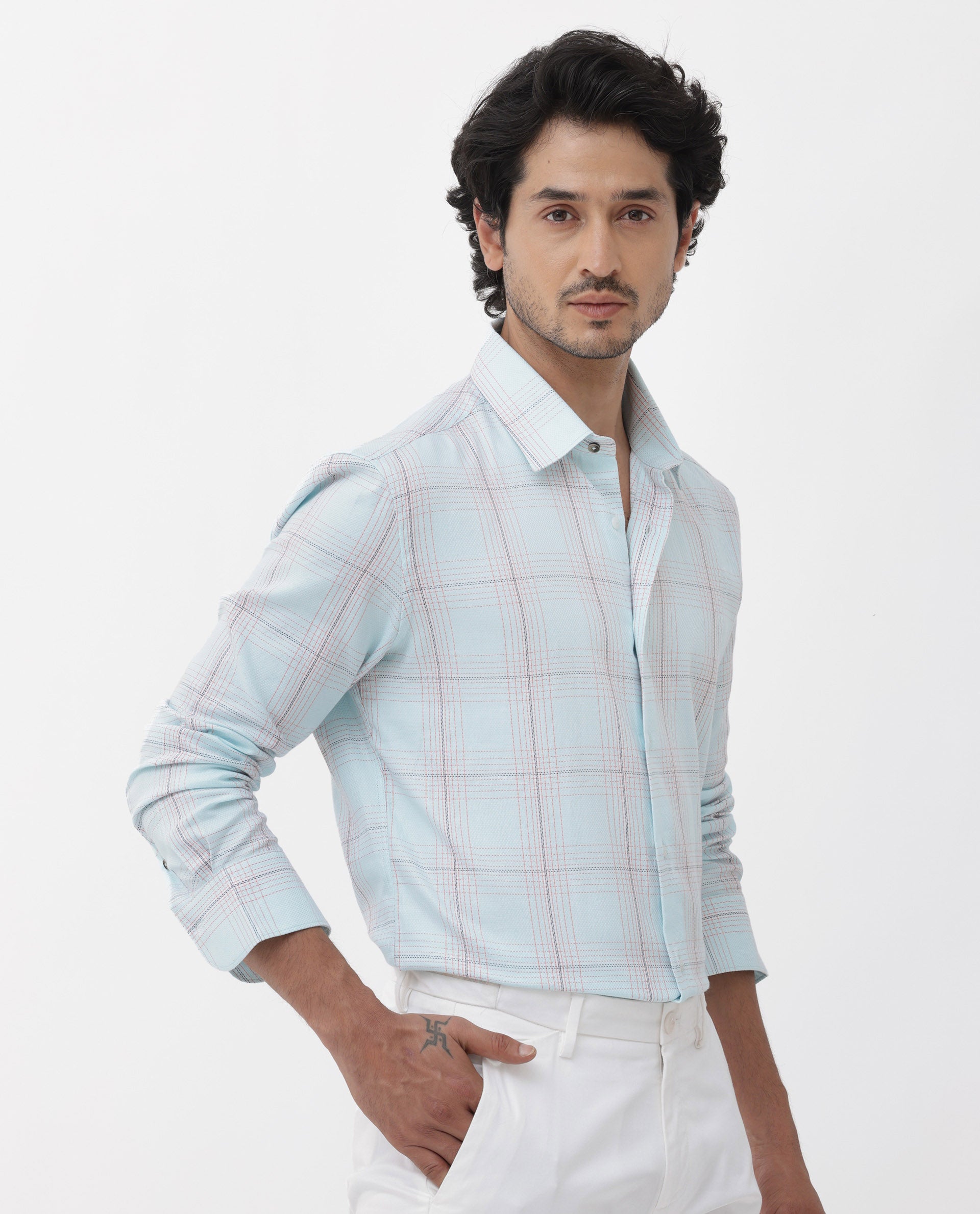 Rare Rabbit Mens Raul Light Blue Cotton Fabric Full Sleeves Checks Shirt