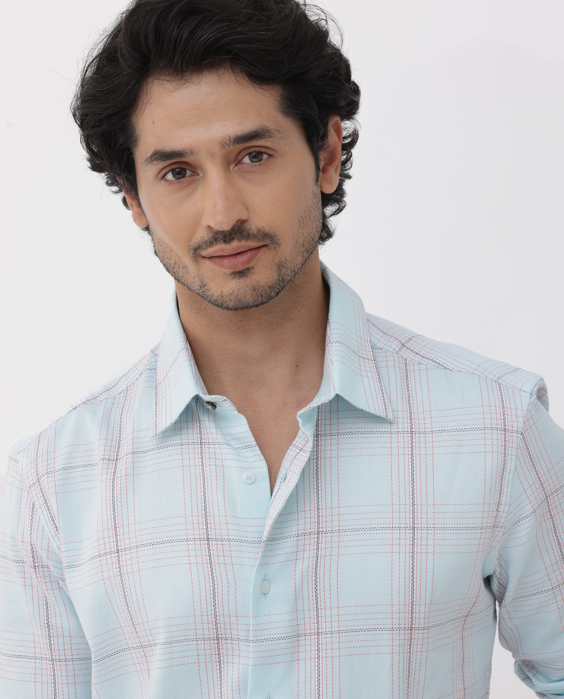 Rare Rabbit Mens Raul Light Blue Cotton Fabric Full Sleeves Checks Shirt