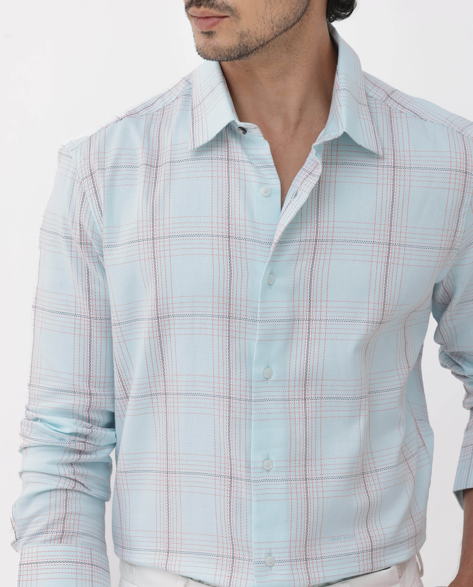 Rare Rabbit Mens Raul Light Blue Cotton Fabric Full Sleeves Checks Shirt