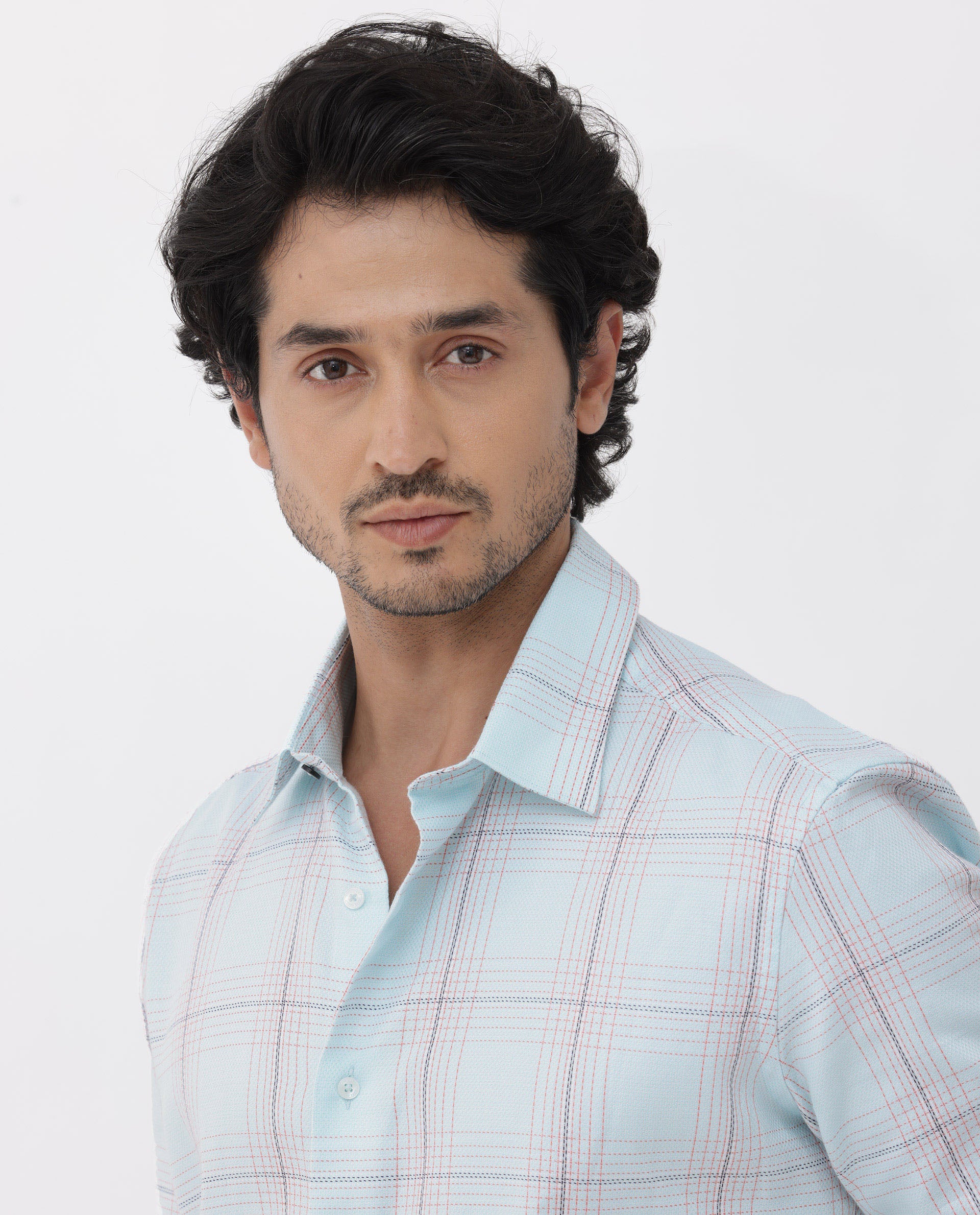 Rare Rabbit Mens Raul Light Blue Cotton Fabric Full Sleeves Checks Shirt