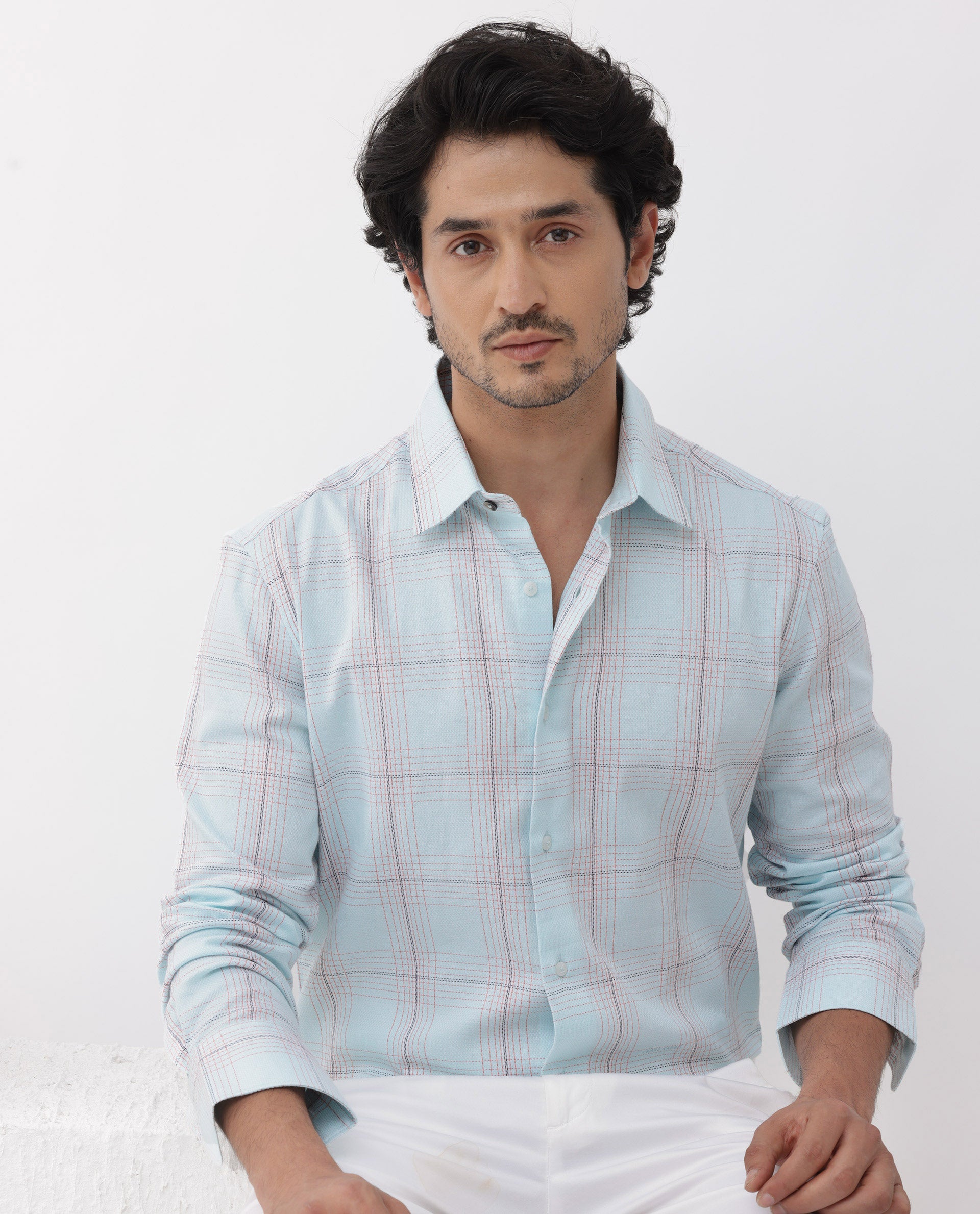 Rare Rabbit Mens Raul Light Blue Cotton Fabric Full Sleeves Checks Shirt