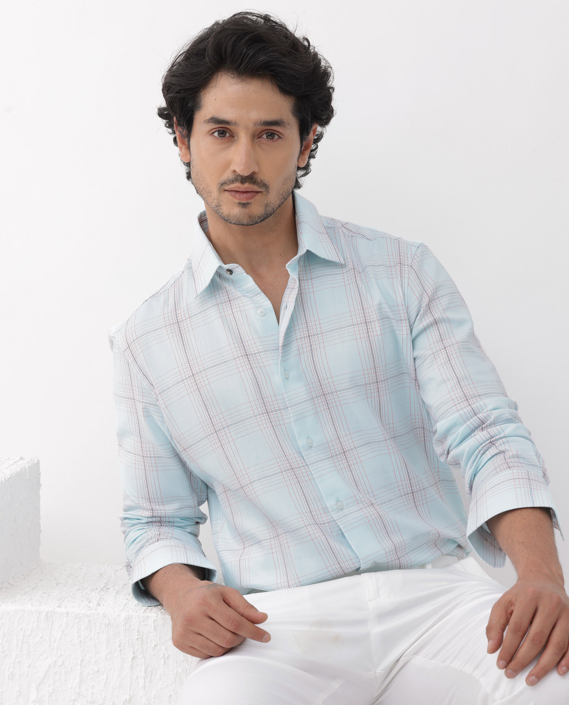 Rare Rabbit Mens Raul Light Blue Cotton Fabric Full Sleeves Checks Shirt