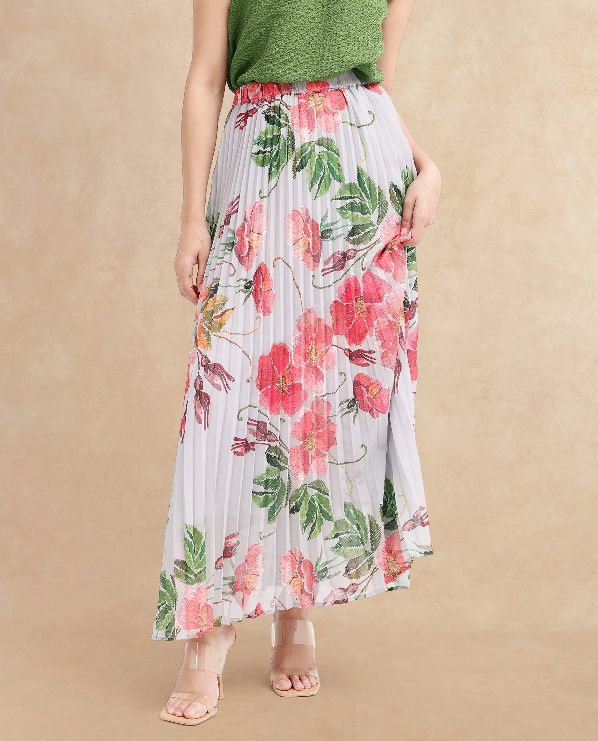 Rareism Women Rango Multi Flared Floral Print Maxi pleated Skirt