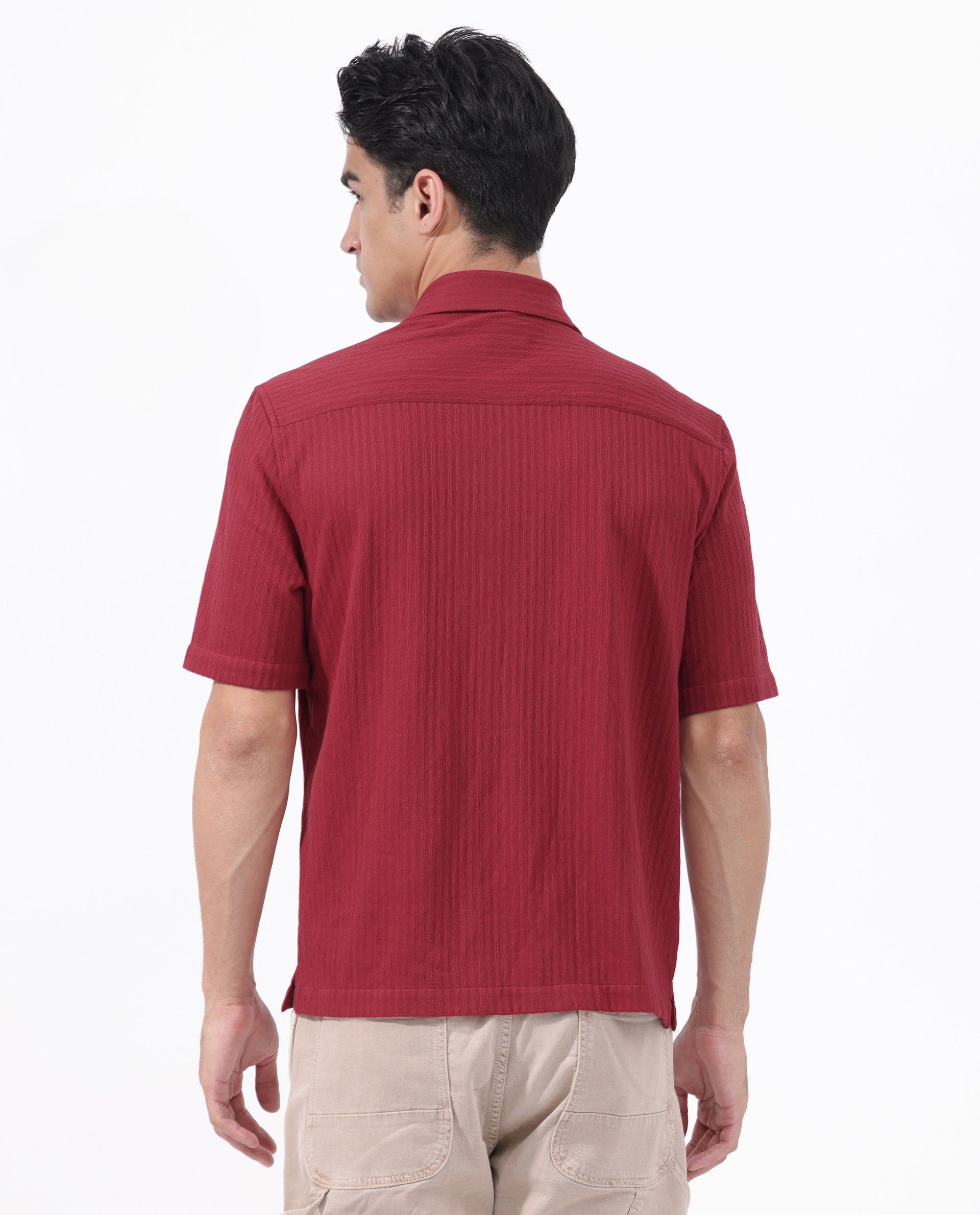 Rare Rabbit Men's Tano Red Cotton Polyester Fabric Half Sleeves Boxy Fit Self Stripe Textured Knit Shirt