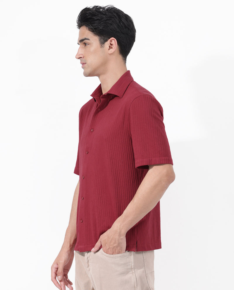 Rare Rabbit Men's Tano Red Cotton Polyester Fabric Half Sleeves Self Stripe Textured Knit Shirt