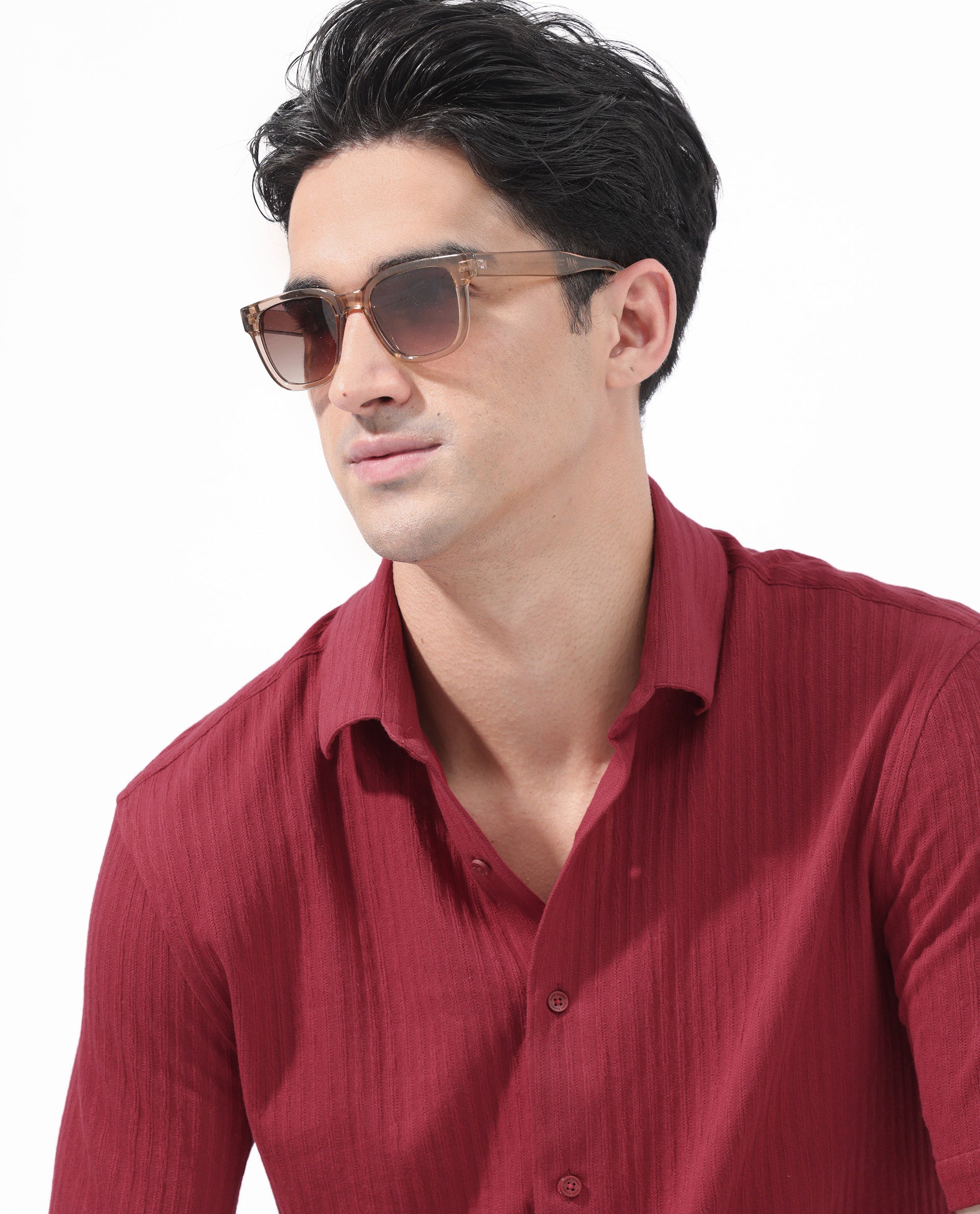 Rare Rabbit Men's Tano Red Cotton Polyester Fabric Half Sleeves Boxy Fit Self Stripe Textured Knit Shirt