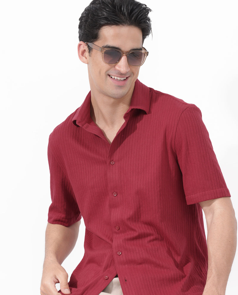 Rare Rabbit Men's Tano Red Cotton Polyester Fabric Half Sleeves Self Stripe Textured Knit Shirt