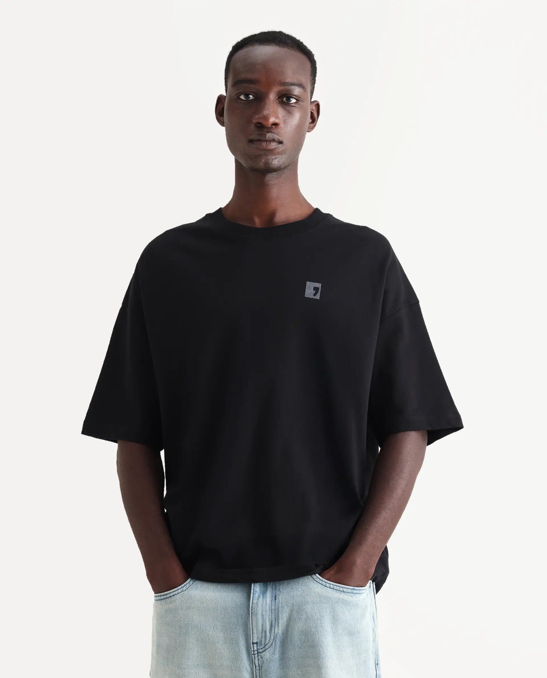 Rare Rabbit Men's Rano Black Cotton Graphic Print Oversized Fit Half Sleeve Crew Neck T-Shirt