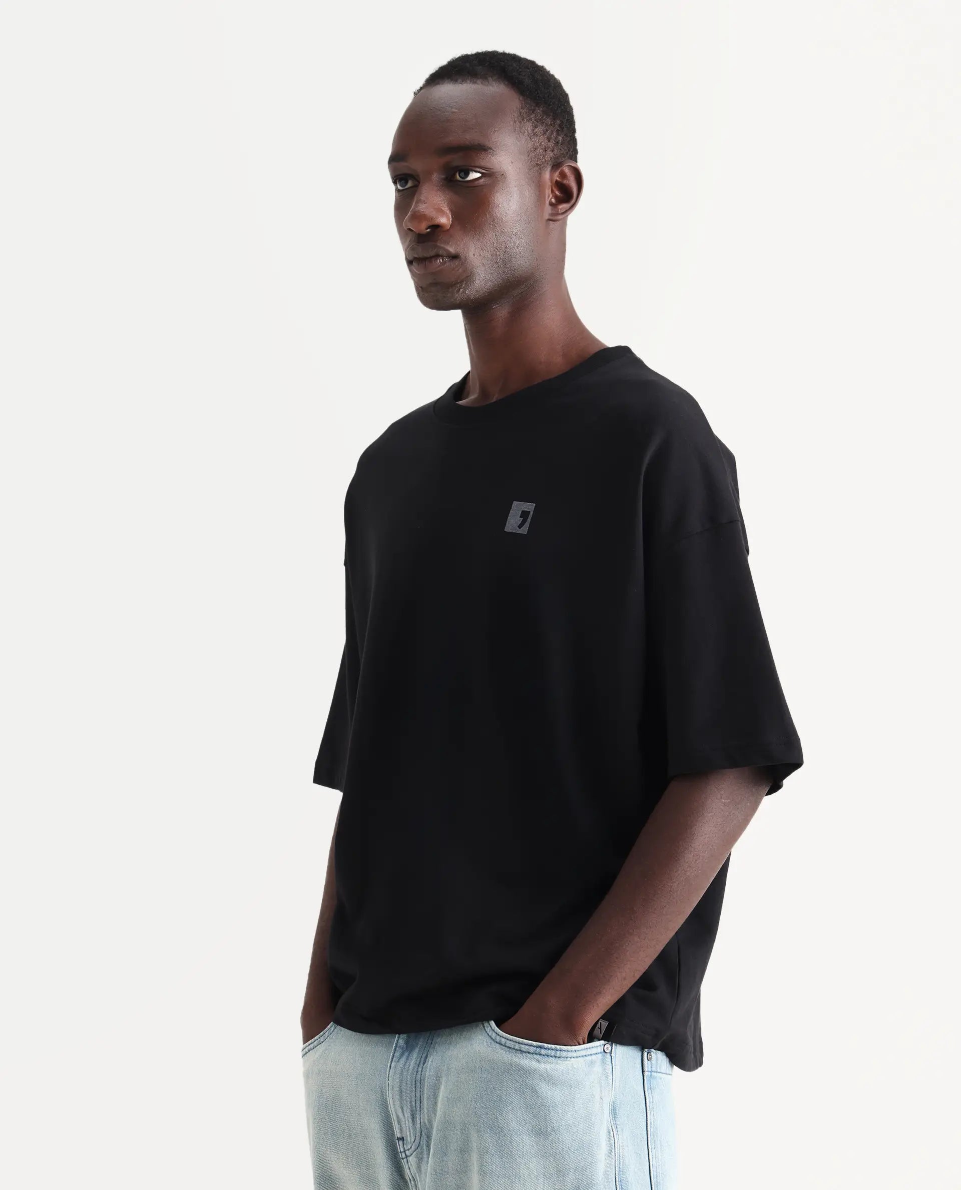 Rare Rabbit Men's Rano Black Cotton Graphic Print Oversized Fit Half Sleeve Crew Neck T-Shirt