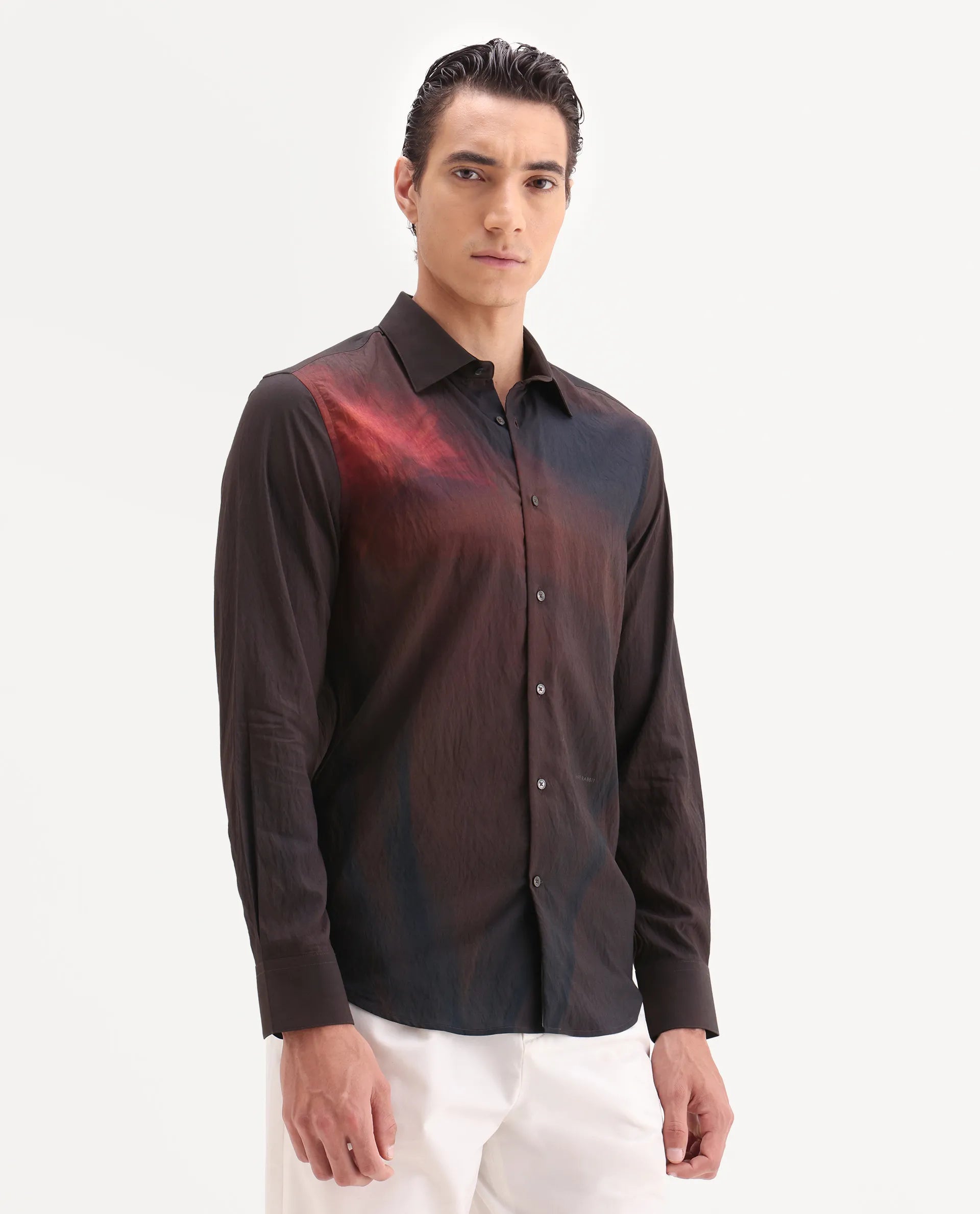 Rare Rabbit Men's Rano Dusky Brown Viscose Blend Fabric Collared Neck Regular Fit Abstract Print Shirt