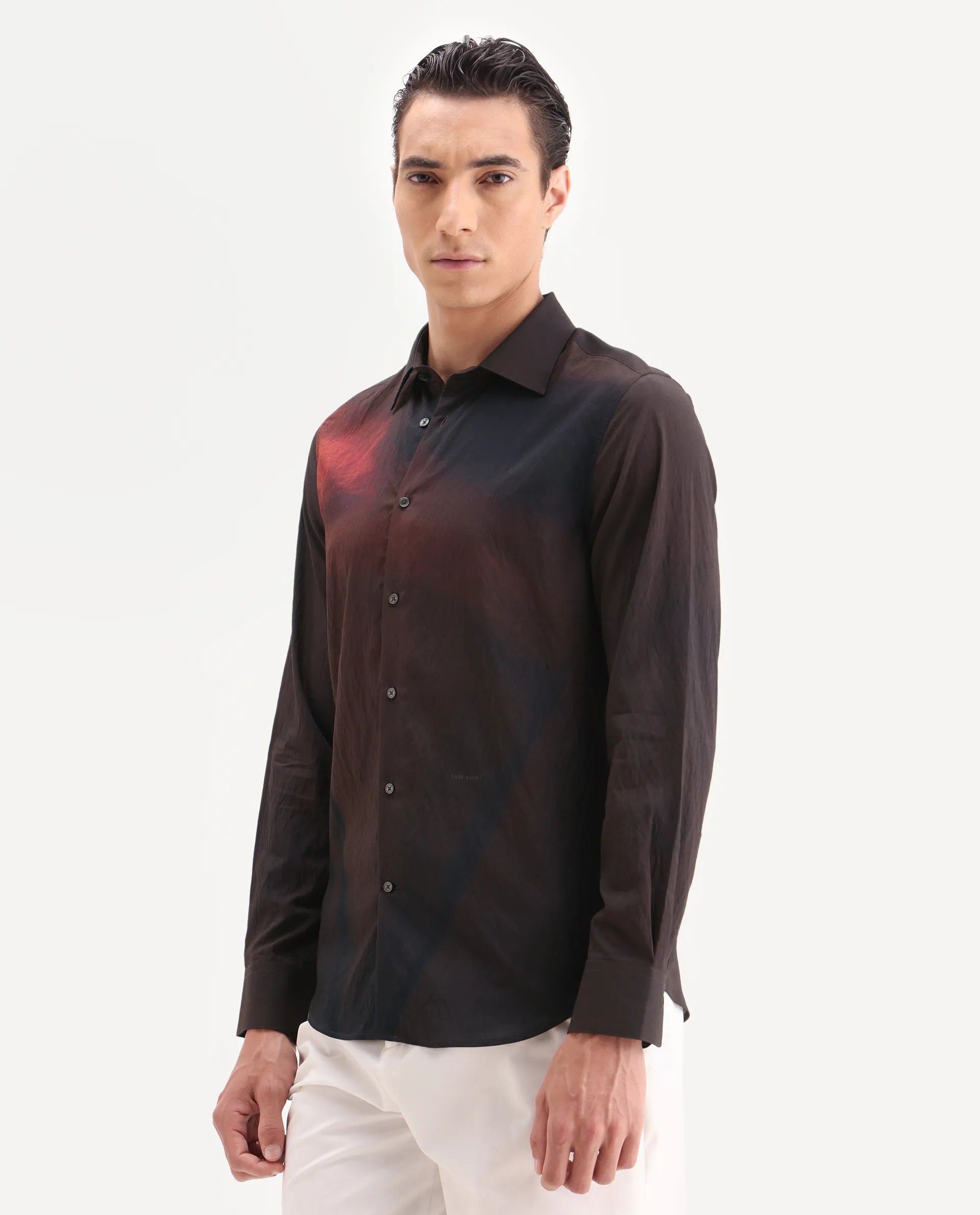 Rare Rabbit Men's Rano Dusky Brown Viscose Blend Fabric Collared Neck Regular Fit Abstract Print Shirt