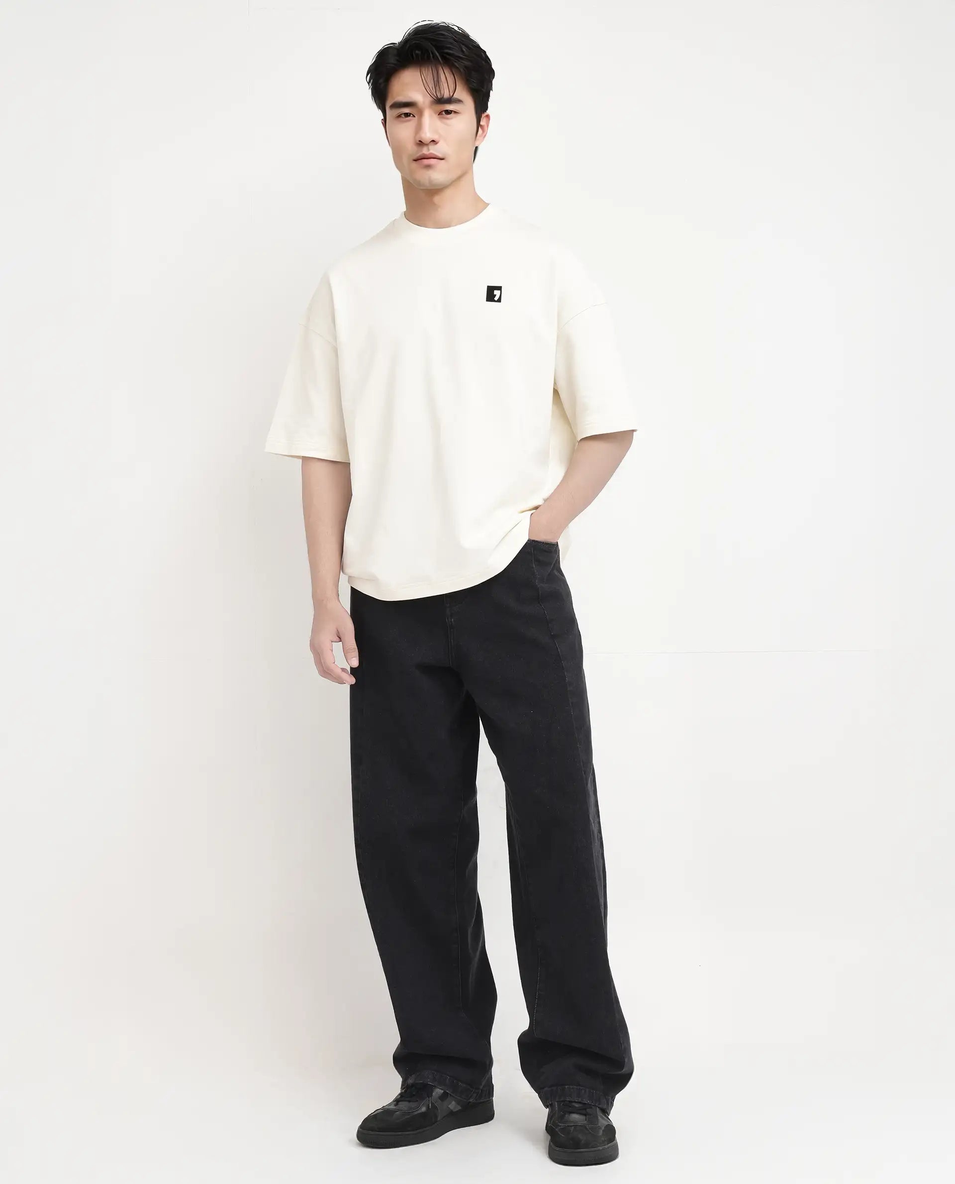 Rare Rabbit Men Rano Off White Cotton Fabric Short Sleeve Slip-On Boxy Fit Printed T-Shirt