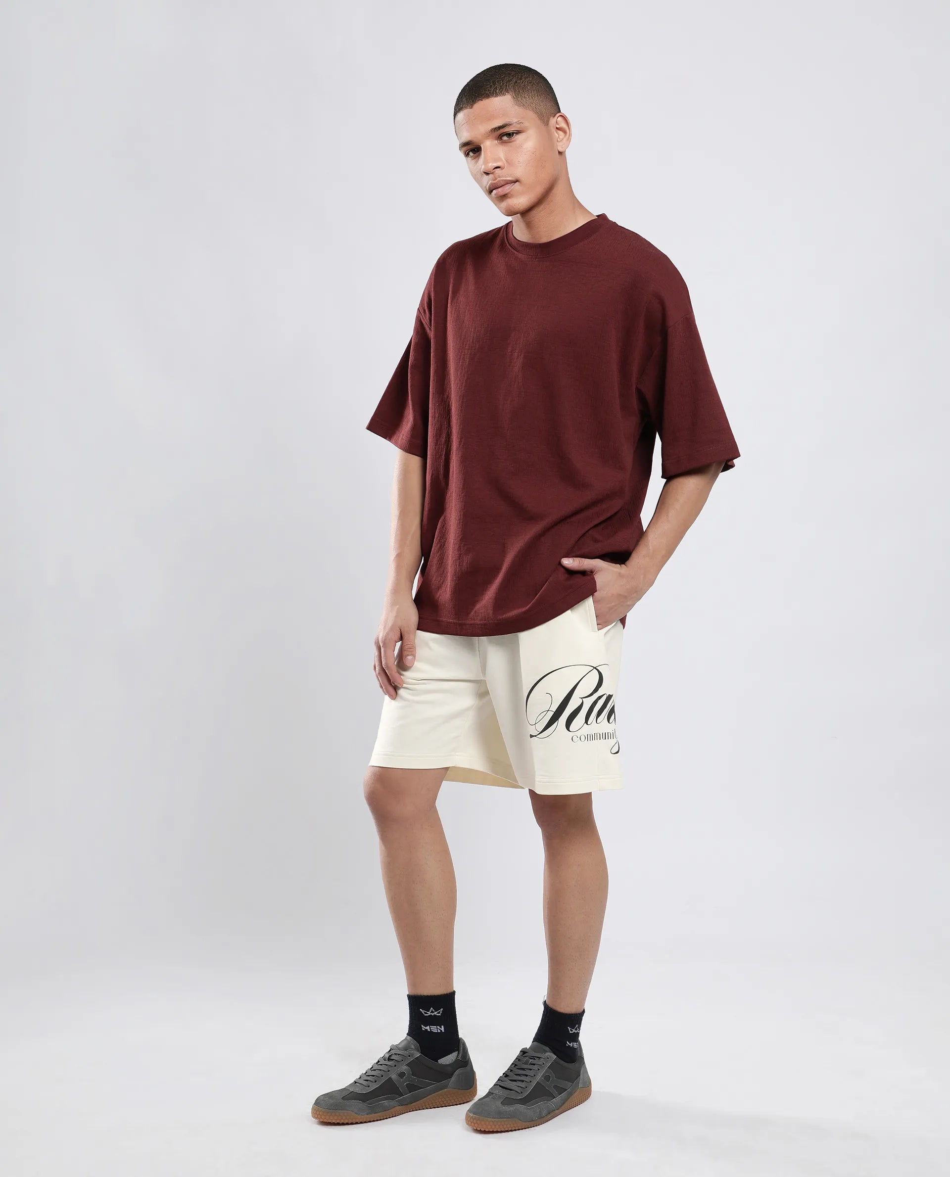 Rare Rabbit Men's Ranot Off White Cotton Graphic Print Oversized Fit Shorts