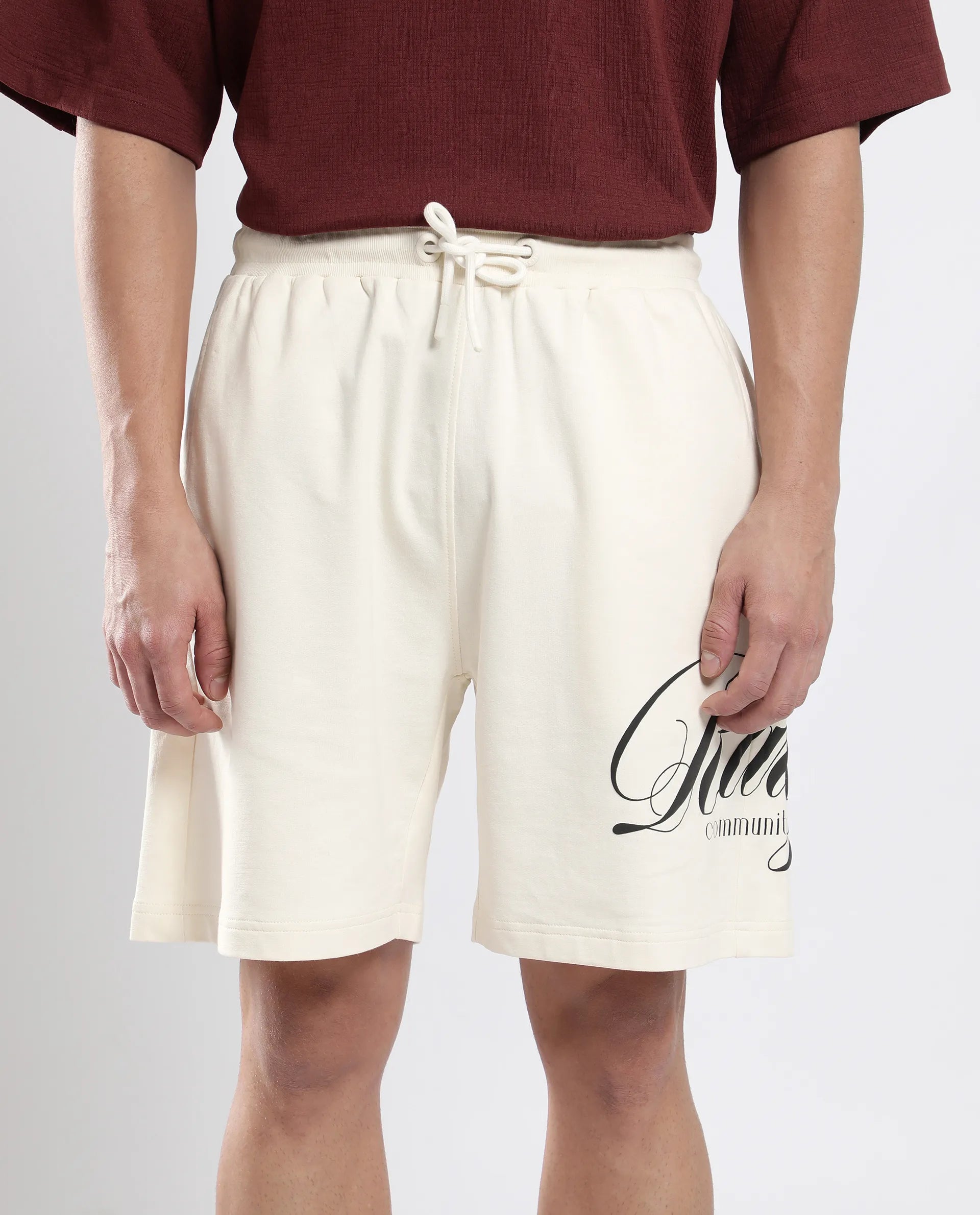 Rare Rabbit Men's Ranot Off White Cotton Graphic Print Oversized Fit Shorts