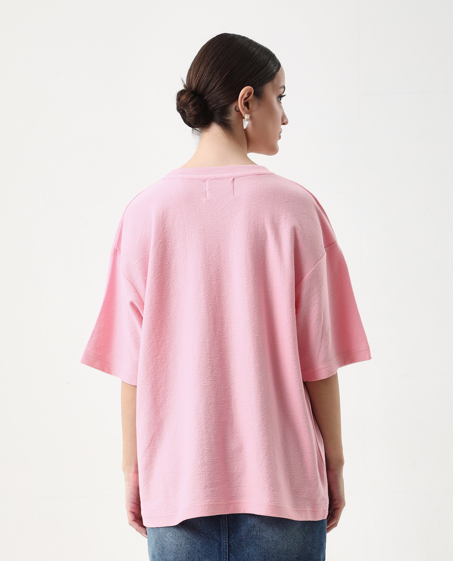 Rareism Women's Ransa Pink Cotton Graphic Print Oversized T-Shirt