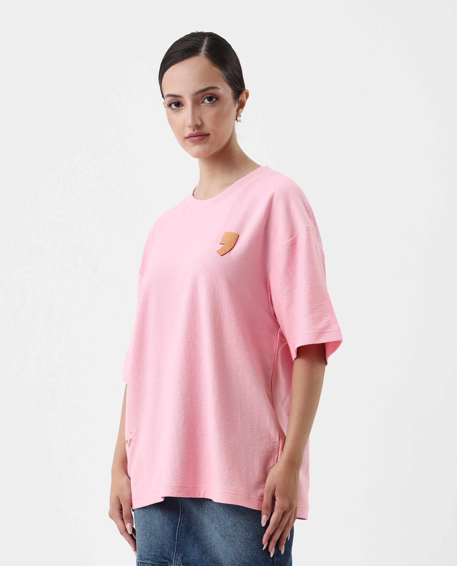 Rareism Women's Ransa Pink Cotton Graphic Print Oversized T-Shirt