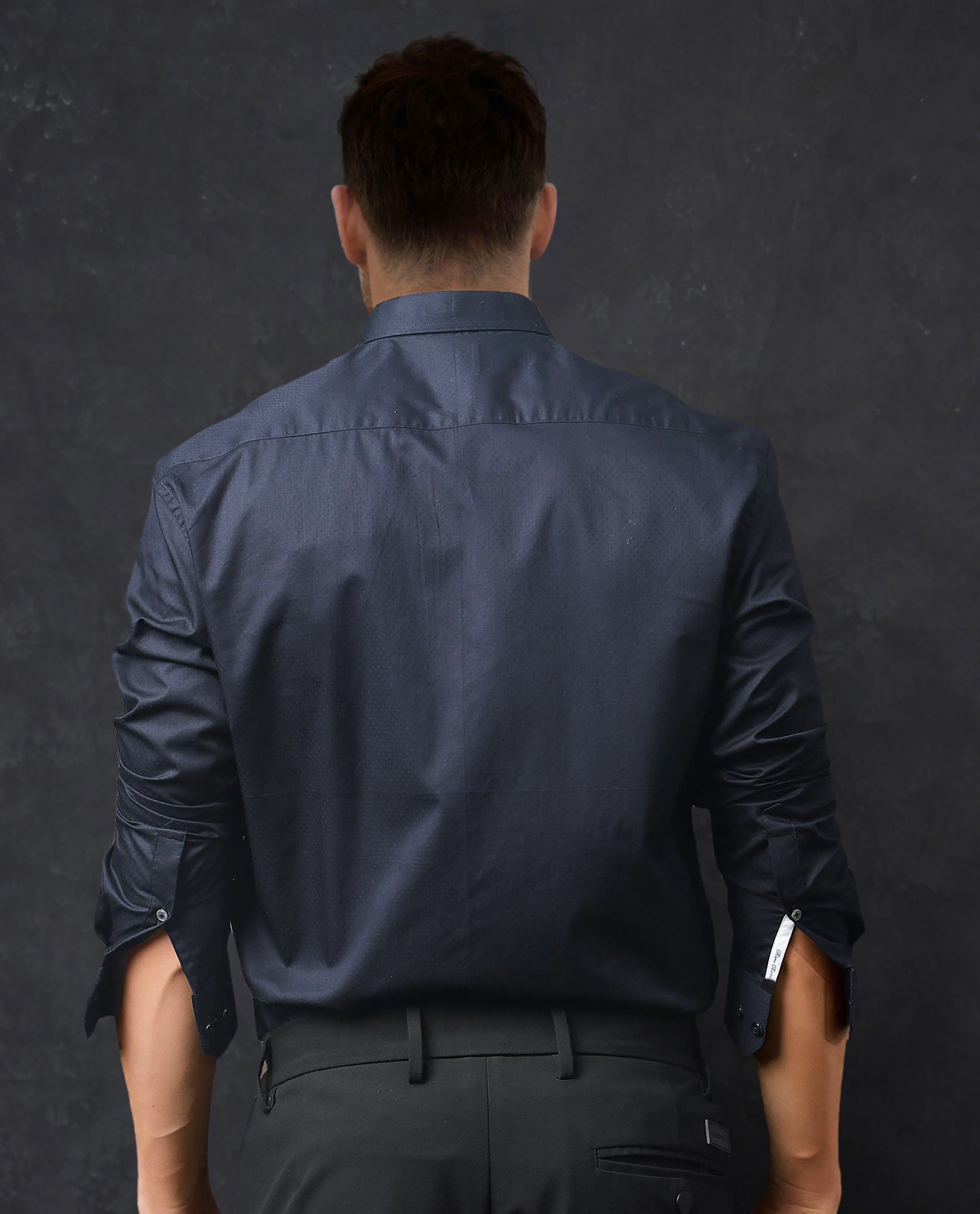 Rare Rabbit Men's Radon Navy Cotton Fabric Mandarin Collar Full Sleeves Solid Shirt