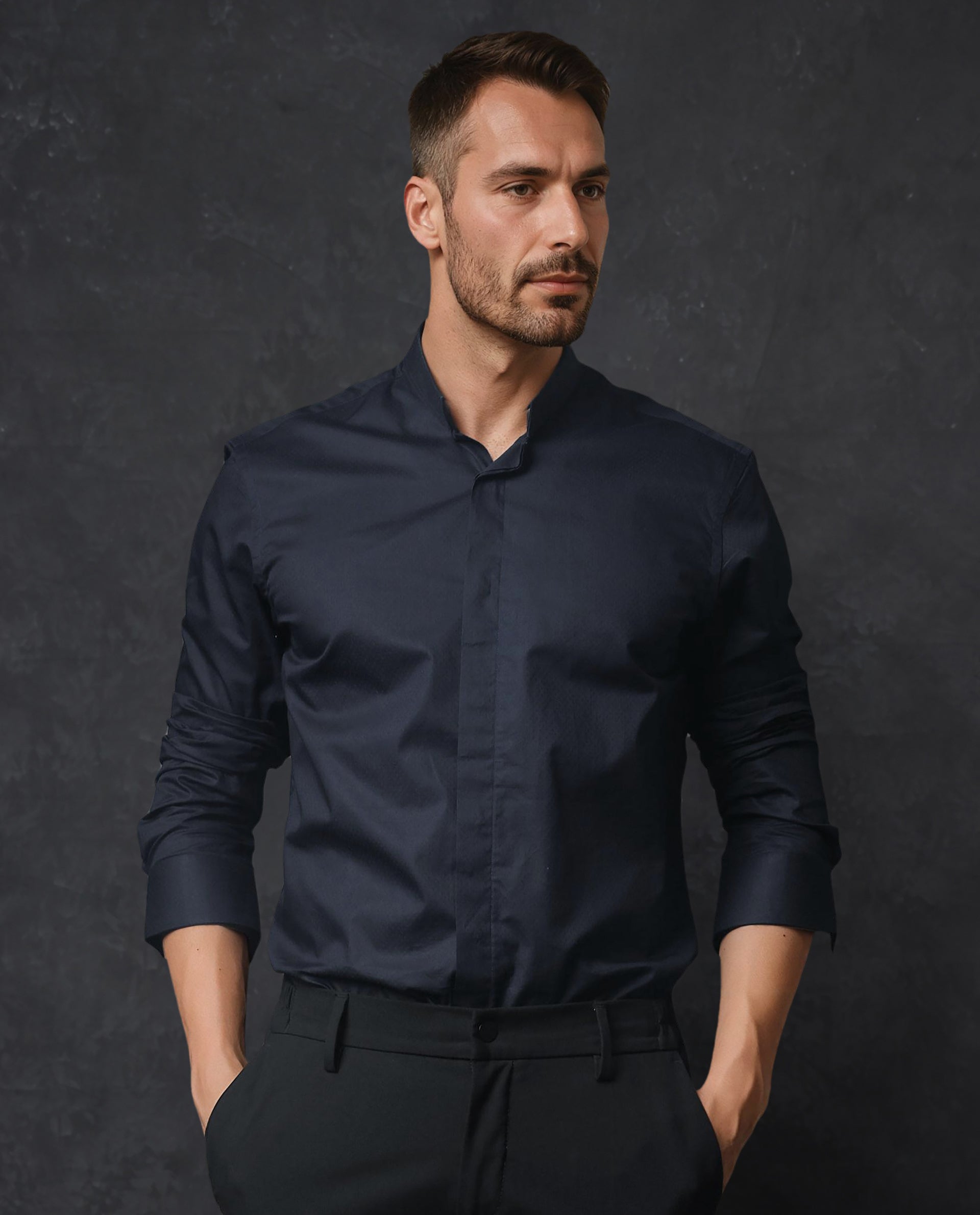 Rare Rabbit Men's Radon Navy Cotton Fabric Mandarin Collar Full Sleeves Solid Shirt