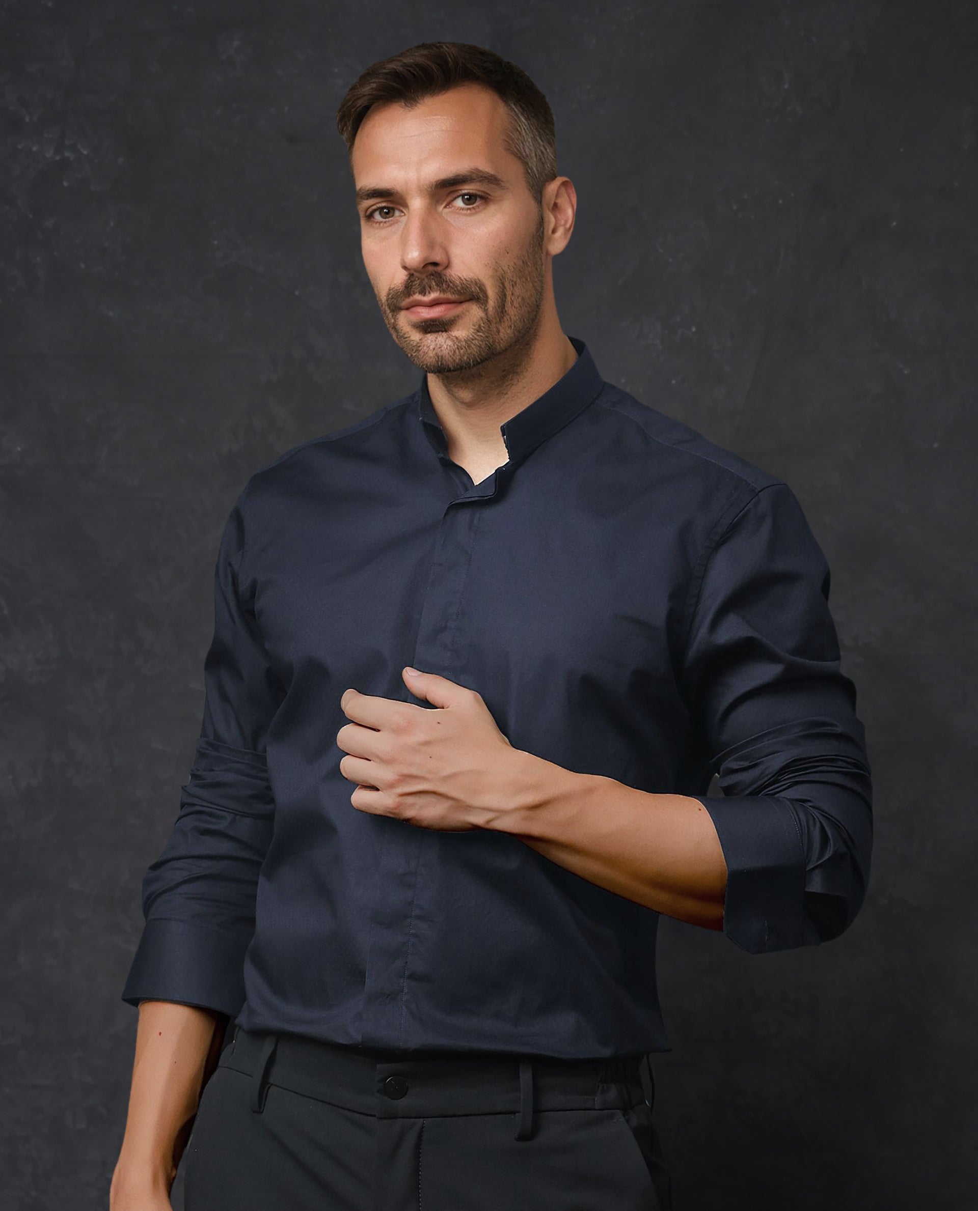 Rare Rabbit Men's Radon Navy Cotton Fabric Mandarin Collar Full Sleeves Solid Shirt