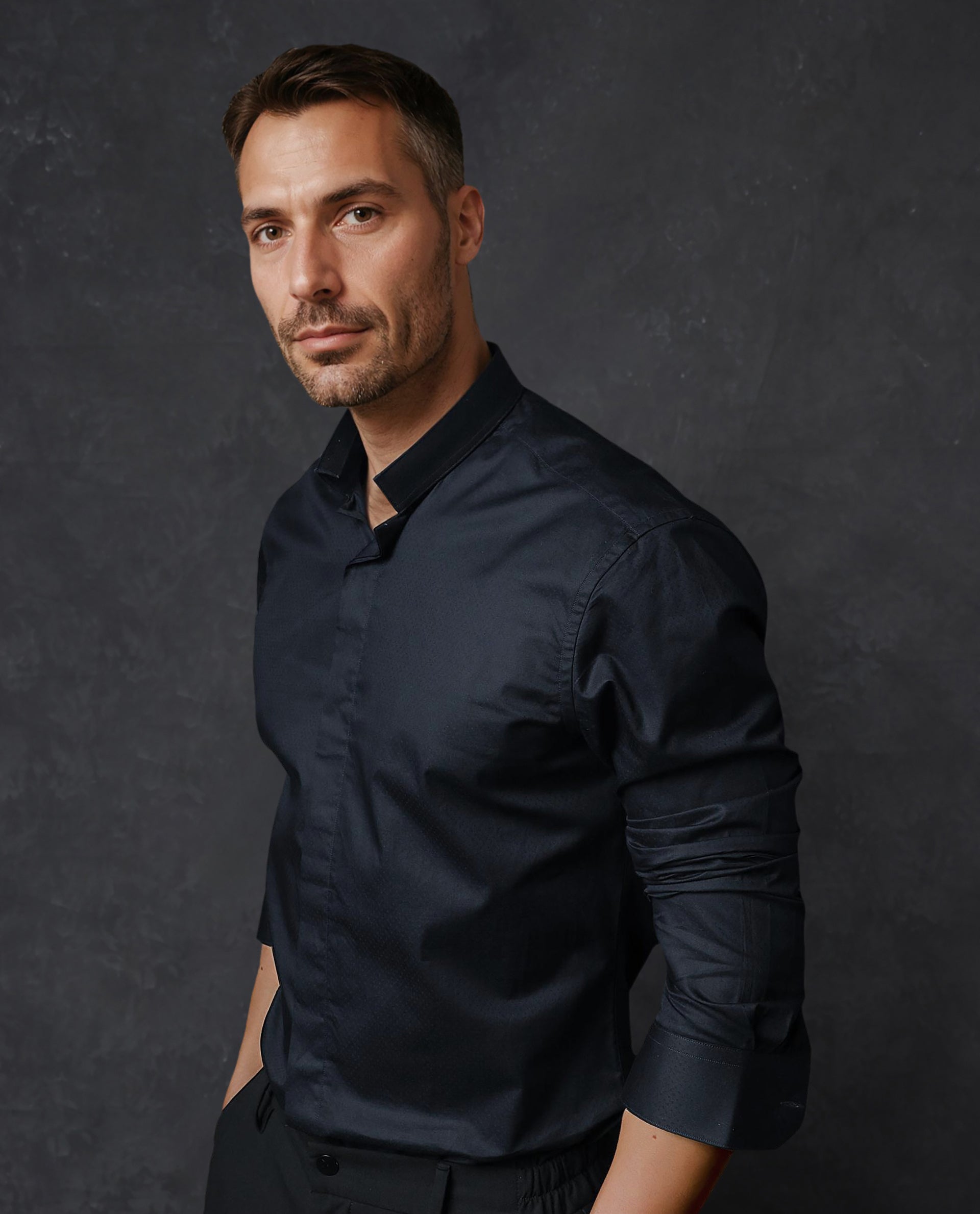 Rare Rabbit Men's Radon Navy Cotton Fabric Mandarin Collar Full Sleeves Solid Shirt