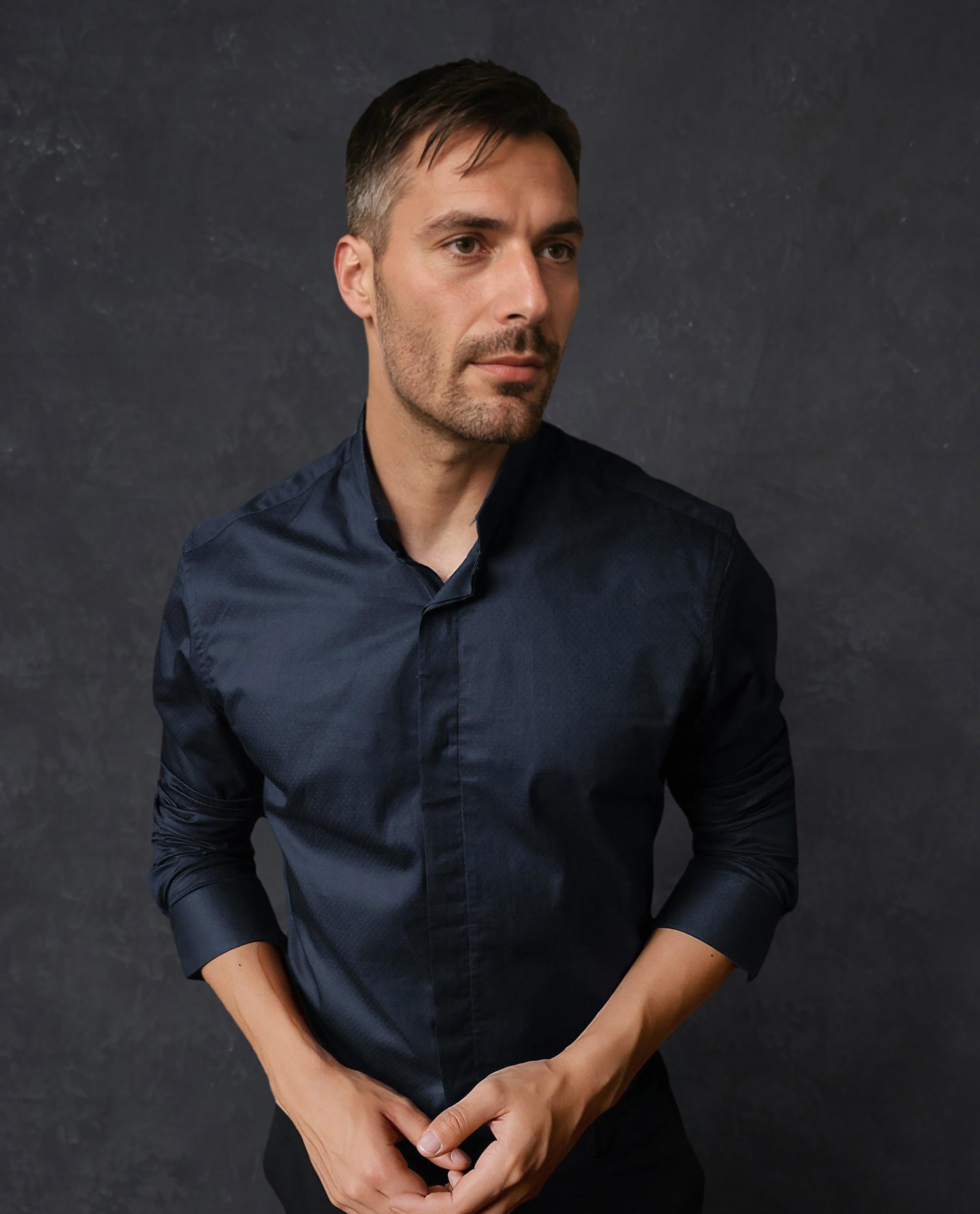 Rare Rabbit Men's Radon Navy Cotton Fabric Mandarin Collar Full Sleeves Solid Shirt