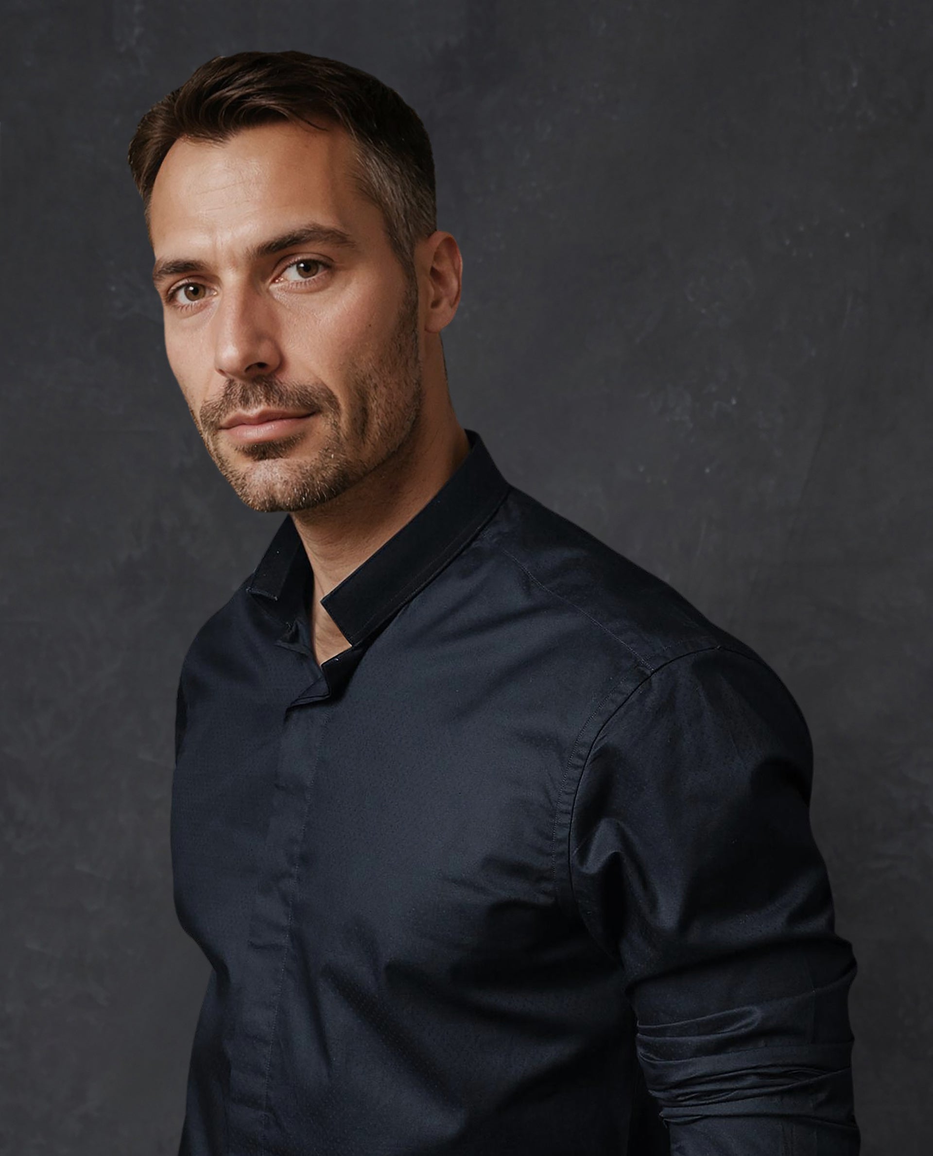 Rare Rabbit Men's Radon Navy Cotton Fabric Mandarin Collar Full Sleeves Solid Shirt