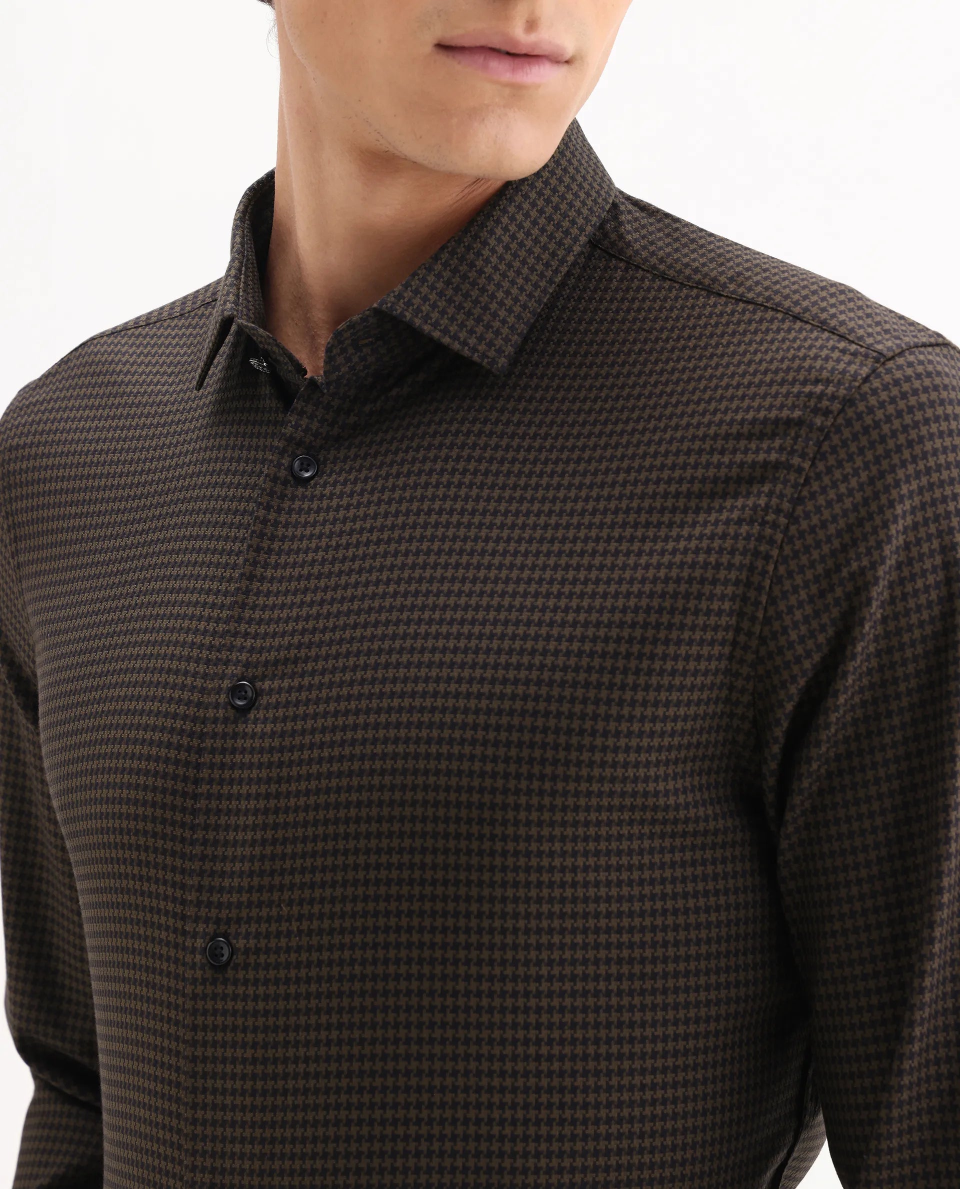 Rare Rabbit Men's Rapid-25 Brown Cotton Fabric Collared Neck Regular Fit Checks Shirt