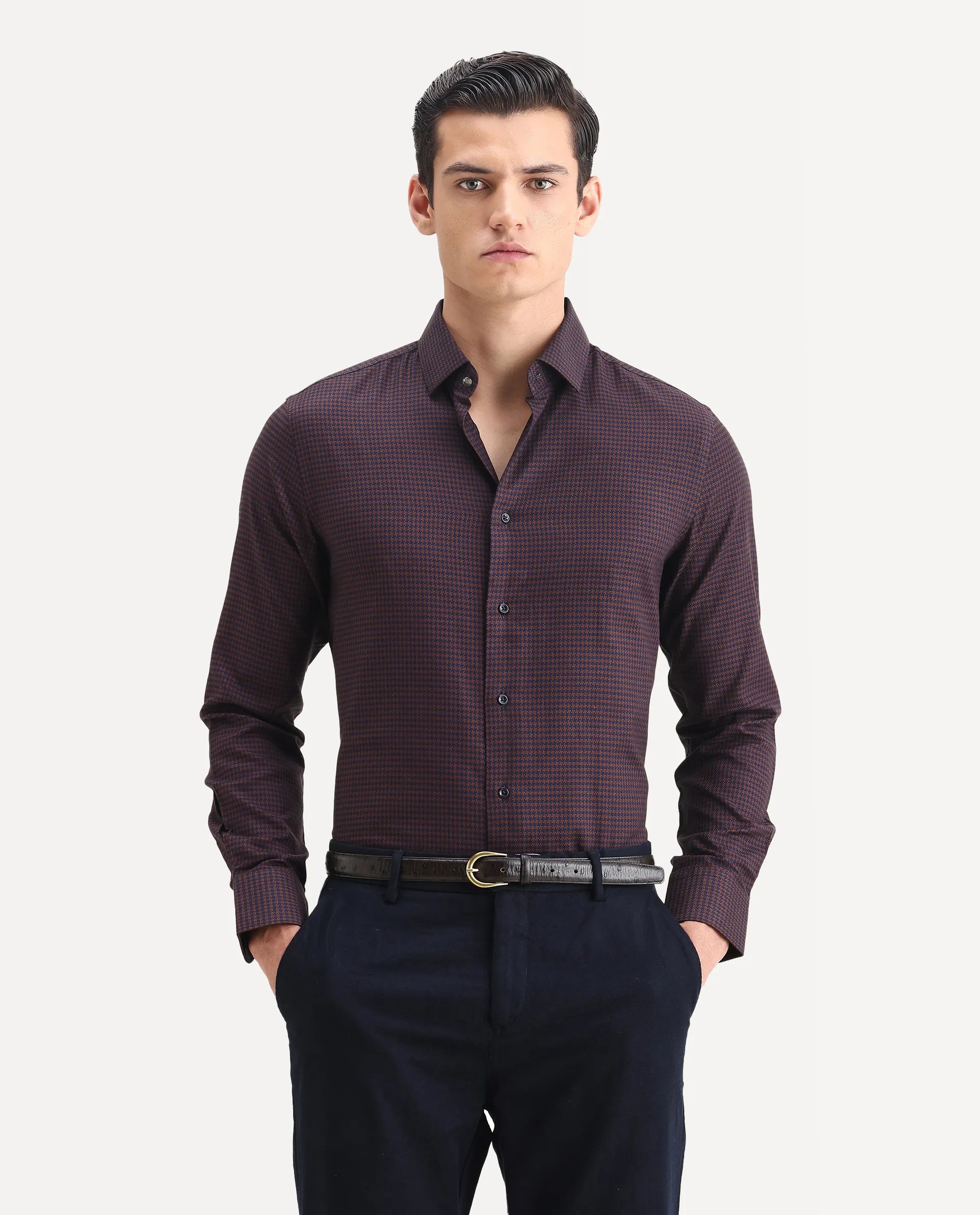 Rare Rabbit Men's Rapid Dark Brown Cotton Plain Regular Fit Full Sleeve Collared Shirt