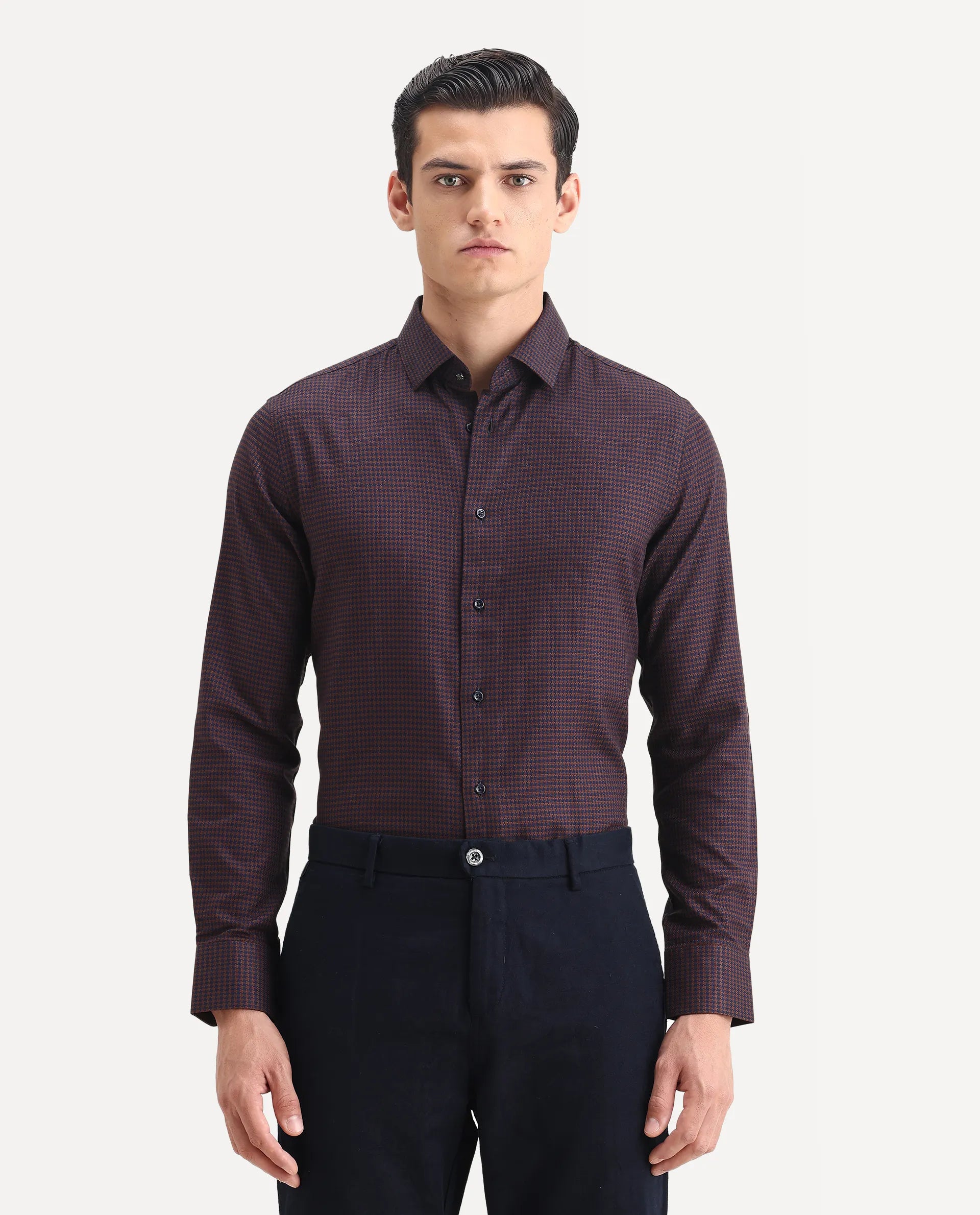 Rare Rabbit Men's Rapid Dark Brown Cotton Plain Regular Fit Full Sleeve Collared Shirt