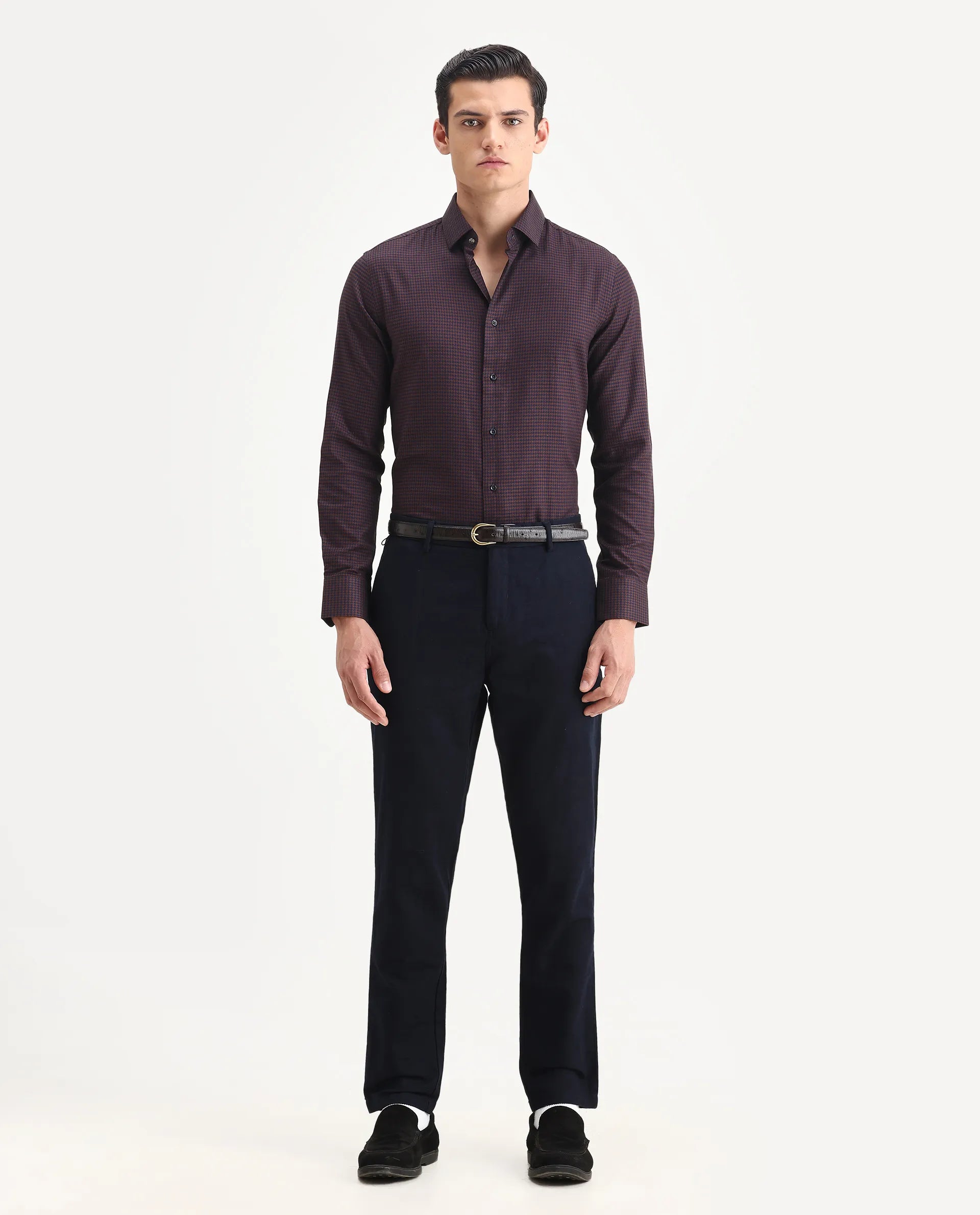 Rare Rabbit Men's Rapid Dark Brown Cotton Plain Regular Fit Full Sleeve Collared Shirt