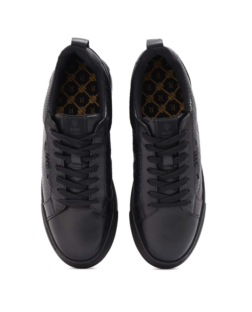 Rare Rabbit Mens Rapso Black Round Toe Low-Top Embossed Lace-Up Sneake