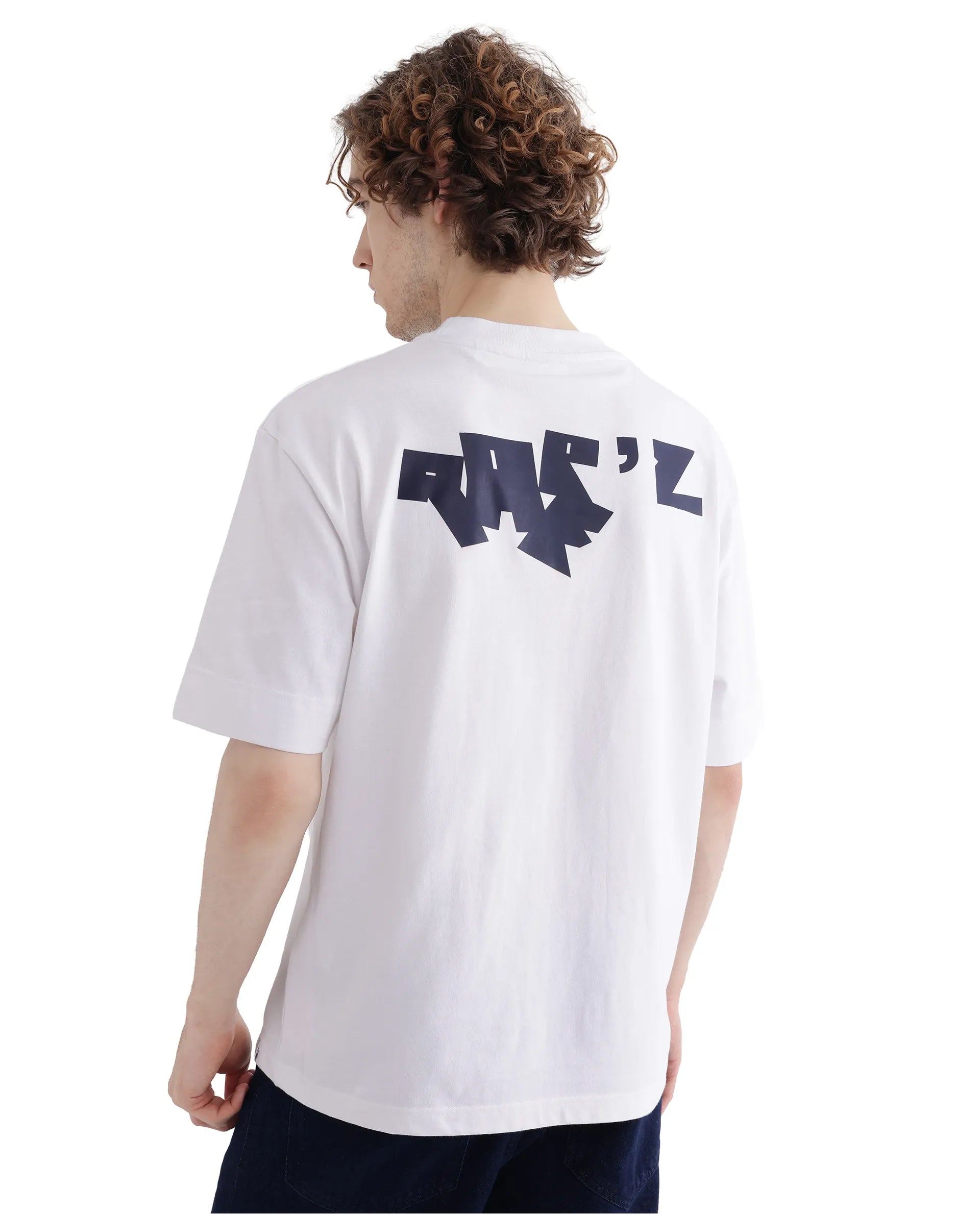 Rare Rabbit Men's Rare'z White Short Sleeve Crew Neck Oversized Fit T-Shirt