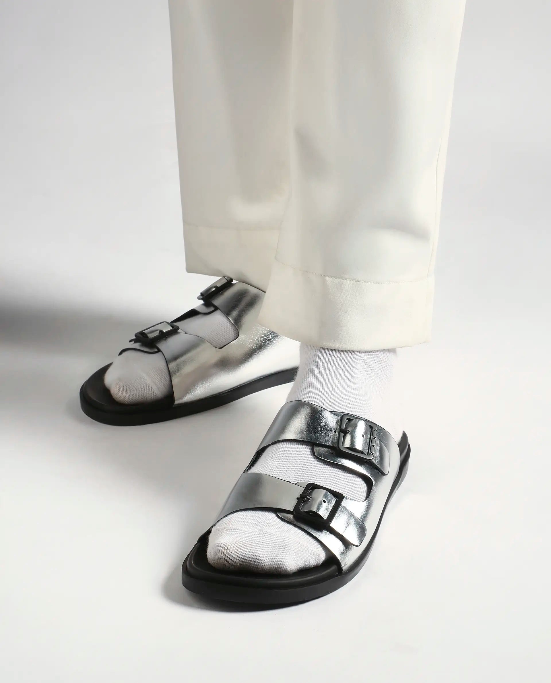 Rare Rabbit Men's Raro Silver Leather Slip-On Closure Sandal