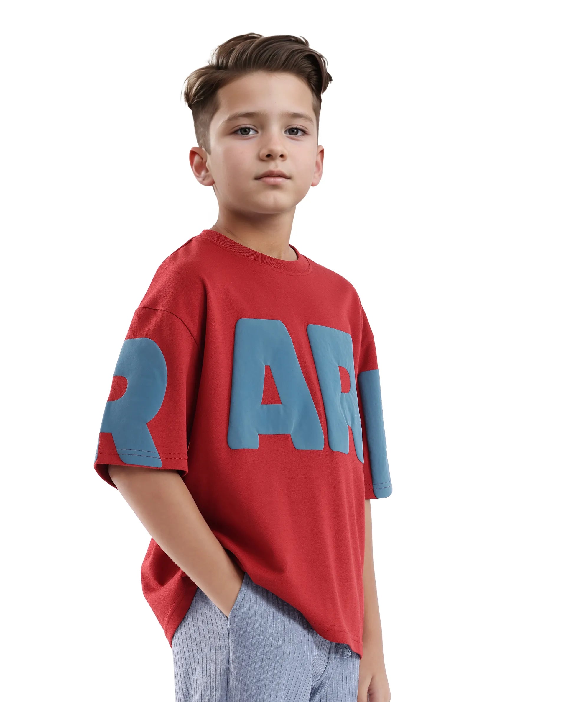 Rare Ones Kids Ras Dark Red Cotton Short Sleeve Crew Neck Placement Print Boxy Fit T-Shirt